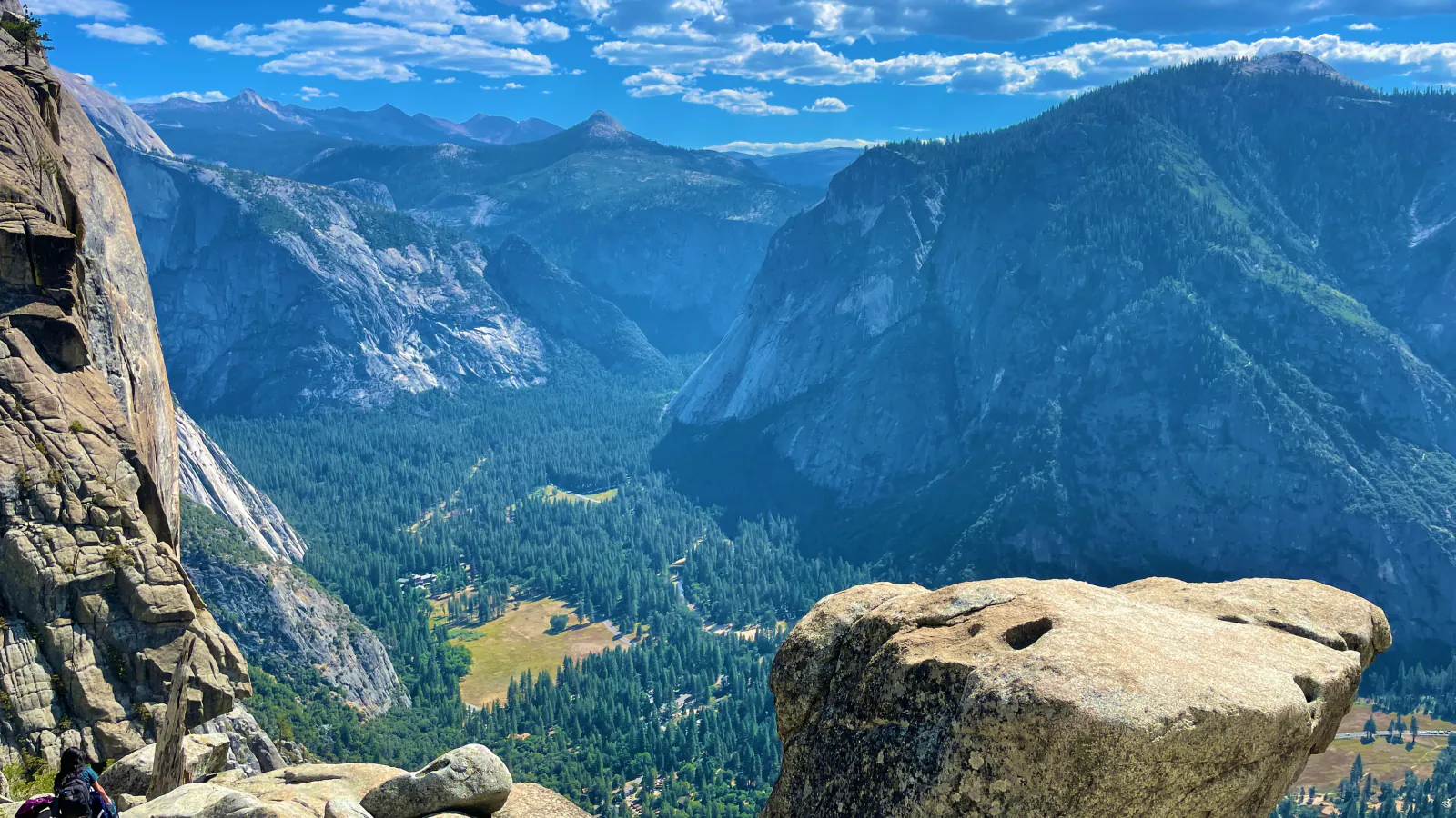 A sweeping view across Yosemite Valley from a high trail