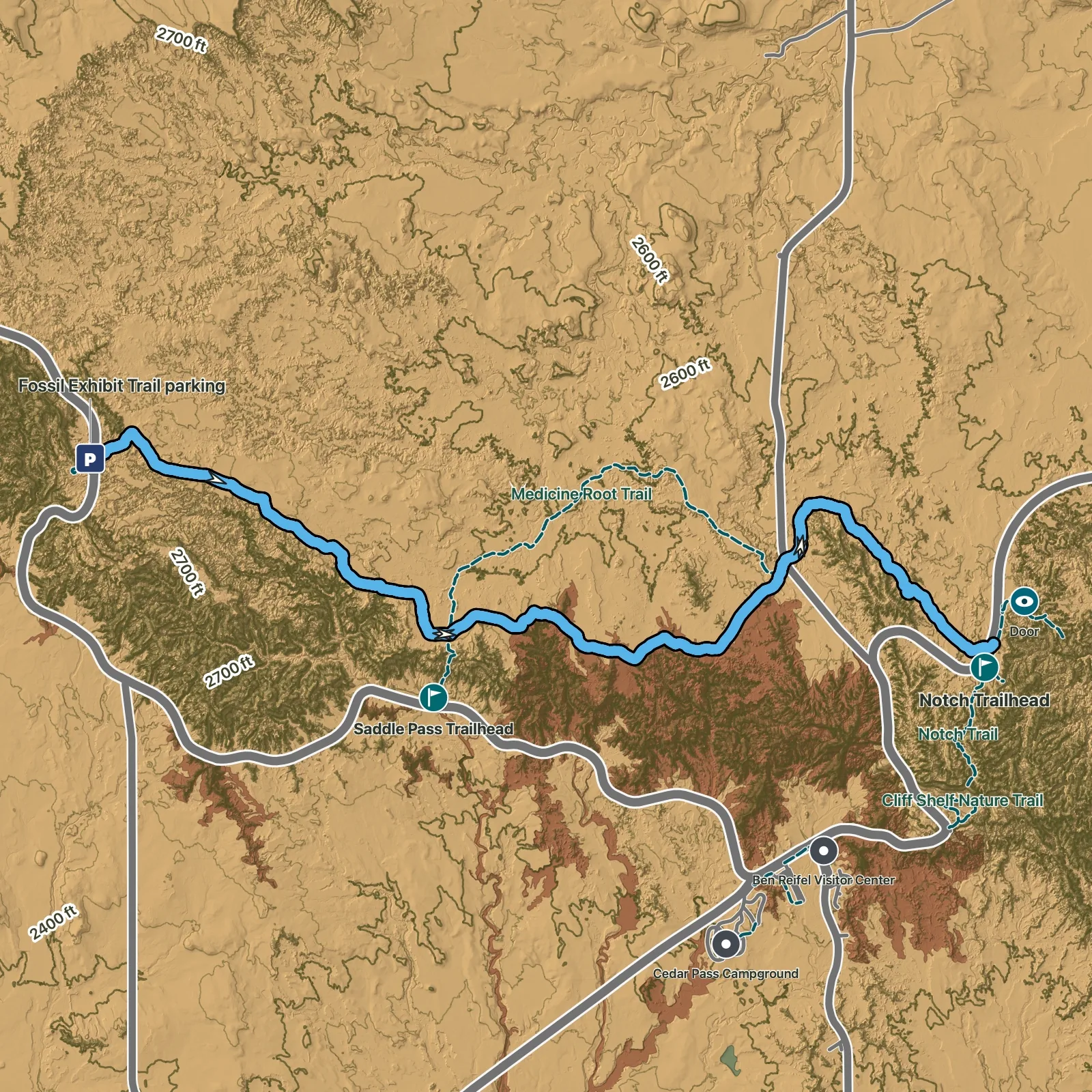 Terrain map of Castle Trail in Badlands National Park