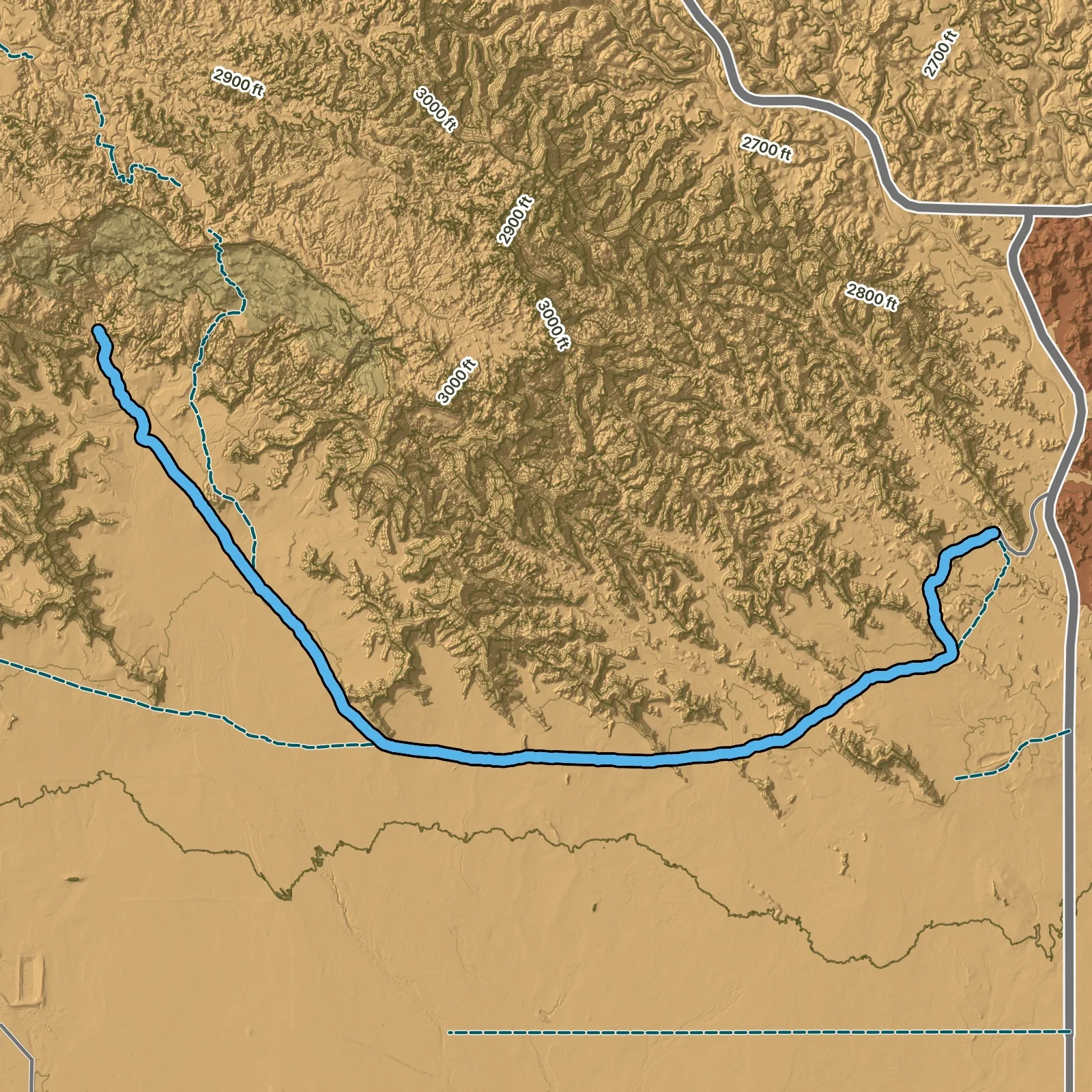 Terrain map of Deer Haven Backcountry Route in Badlands National Park