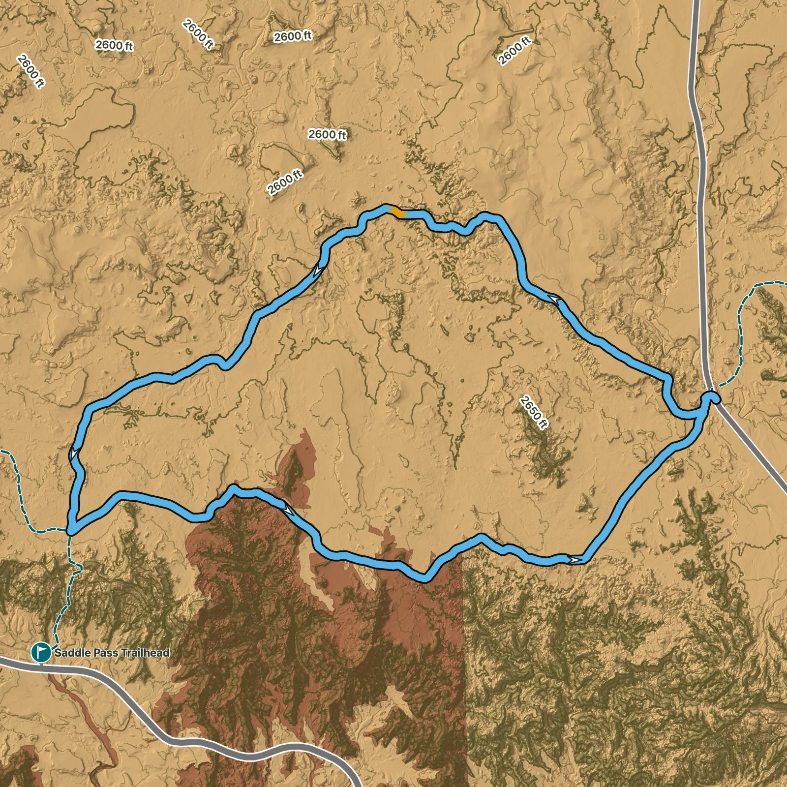 Terrain map of Medicine Root and Castle Trail Loop in Badlands National Park