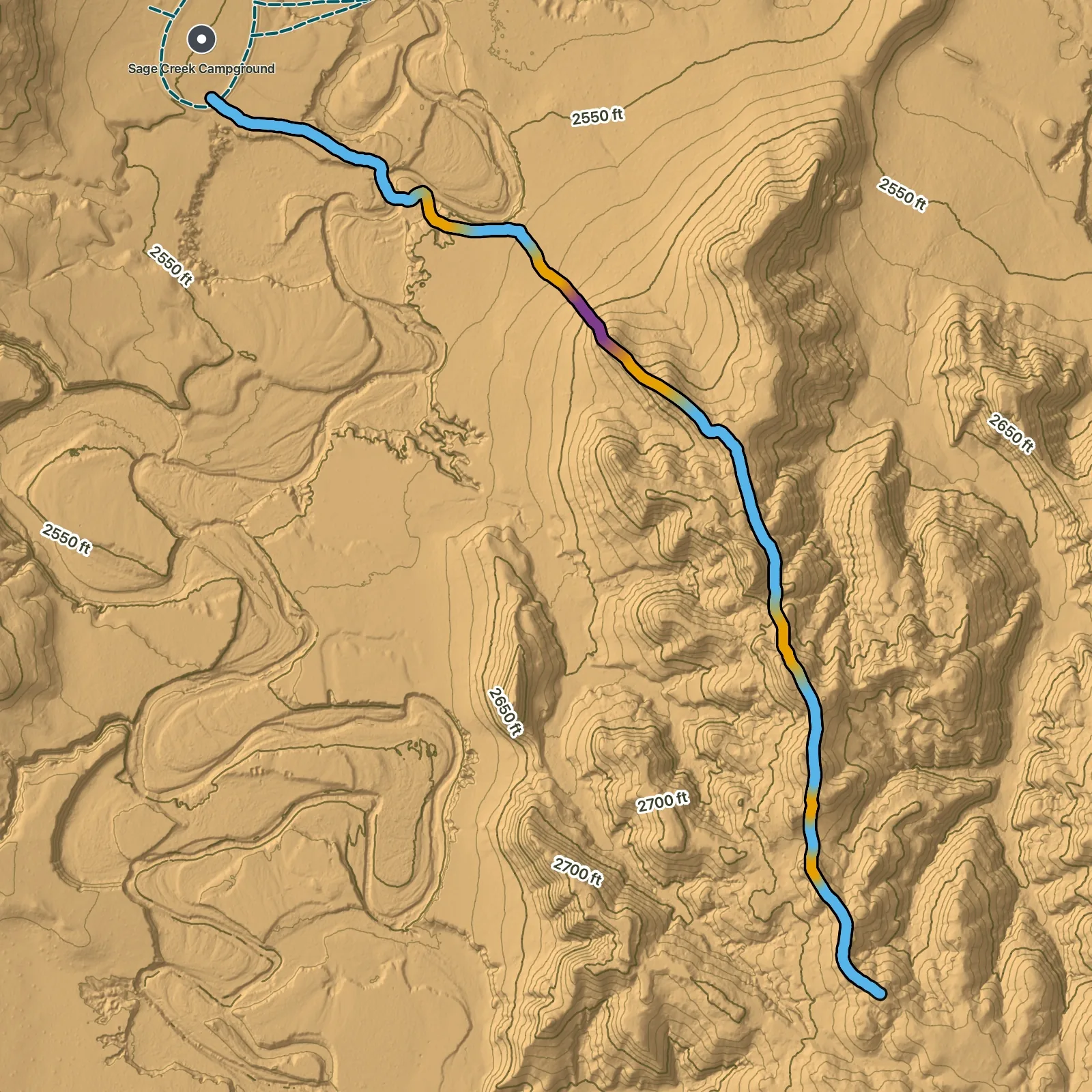 Terrain map of Sage Creek Wilderness Route in Badlands National Park