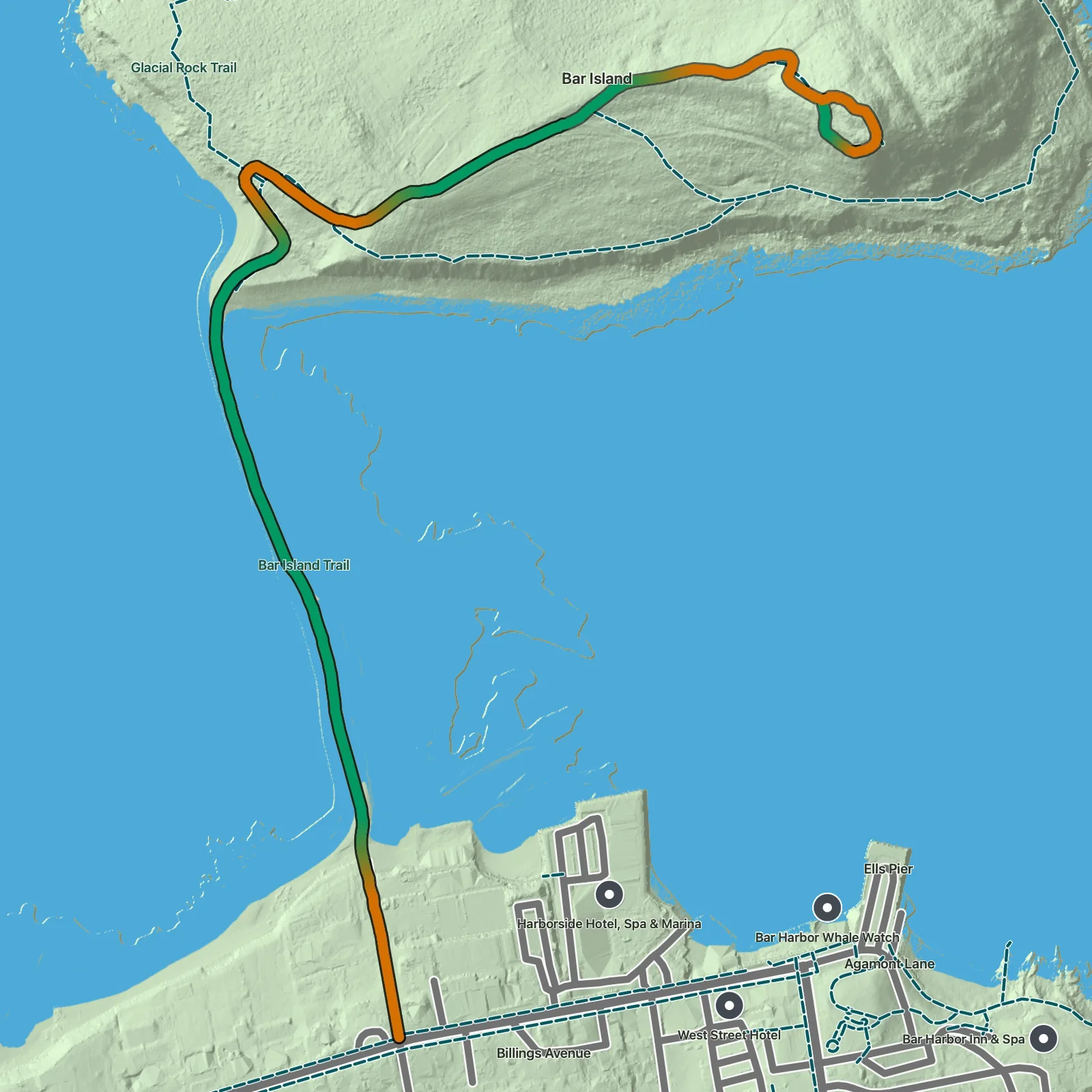 Terrain map showing the Bar Island Trail route in Acadia National Park