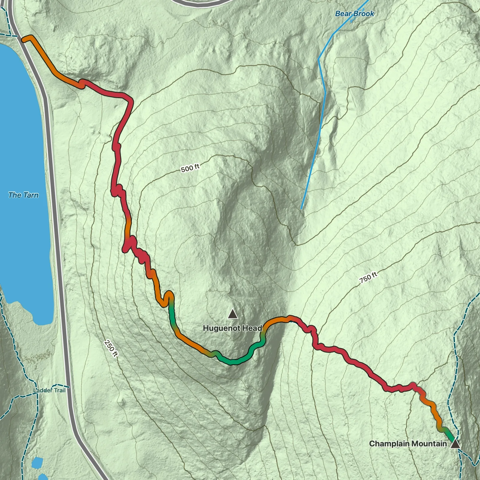 Terrain map showing the Beachcroft Path to Champlain Mountain route in Acadia National Park