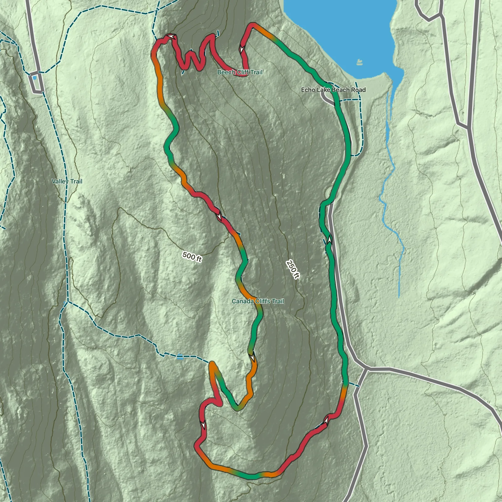 Terrain map showing the Beech Cliff Ladder and Canada Cliff Loop route in Acadia National Park