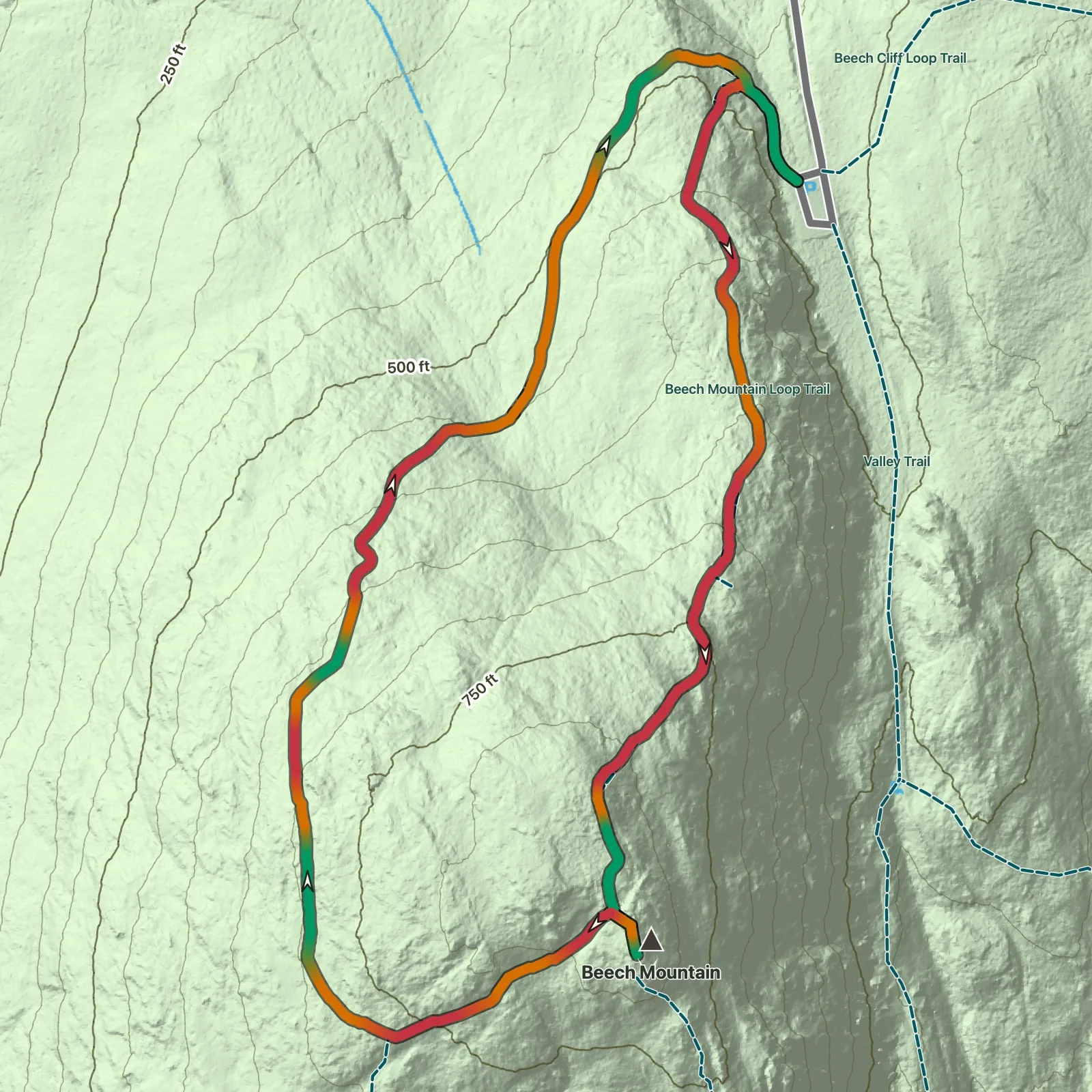 Terrain map showing the Beech Mountain Trail route in Acadia National Park