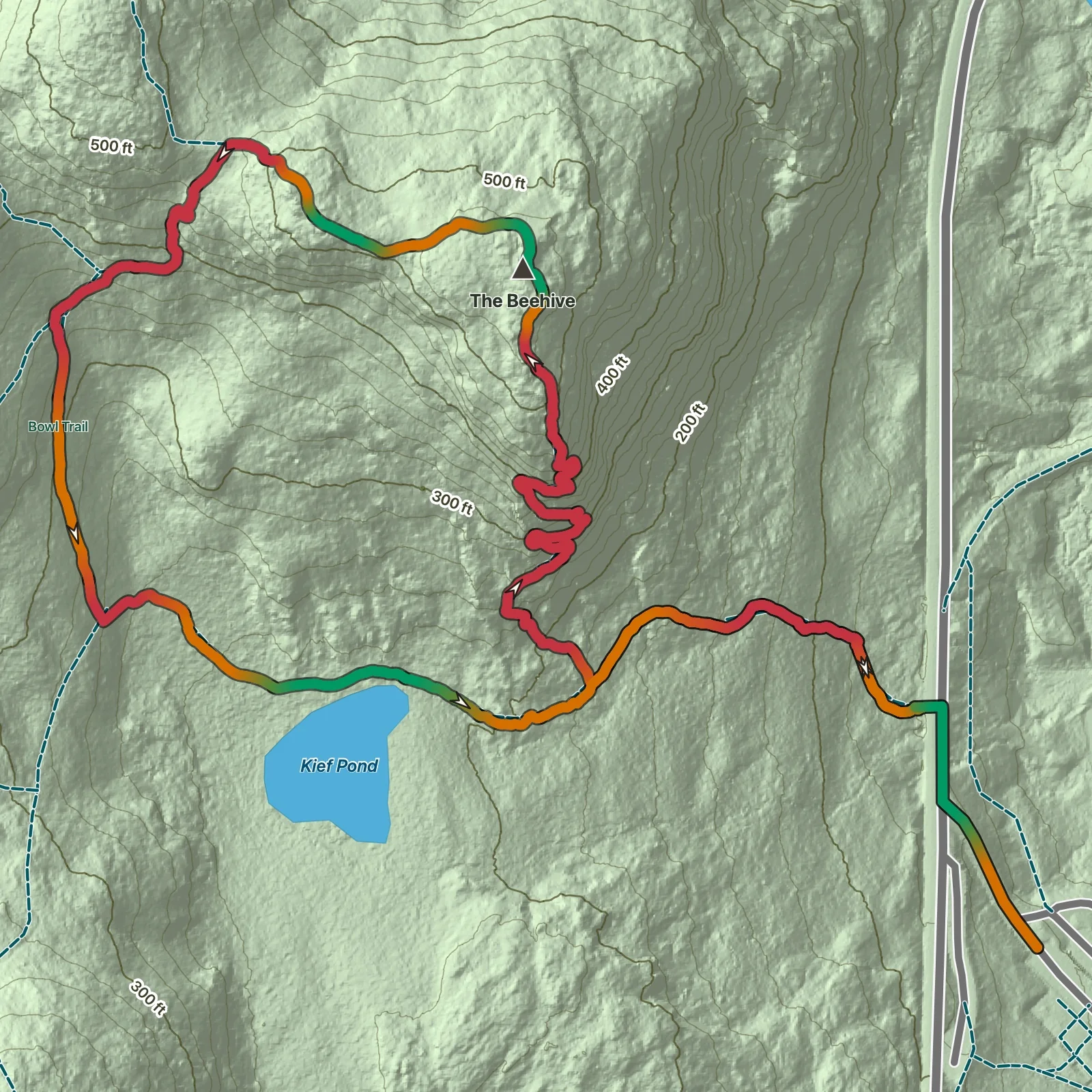 Terrain map showing the Beehive Loop route in Acadia National Park