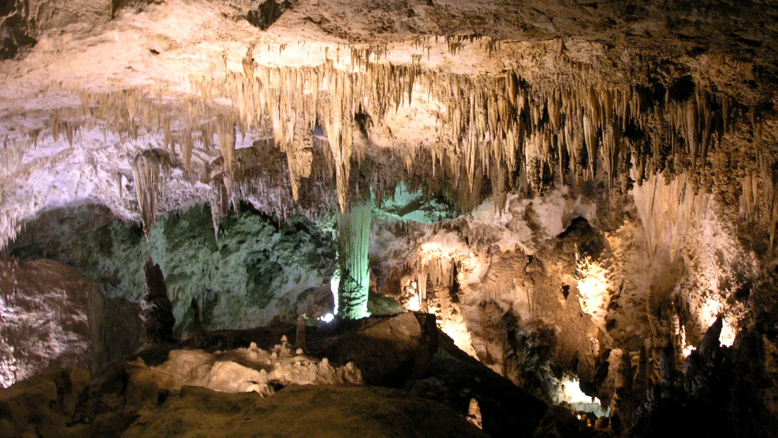 Layered limestone ridges and desert plants above Carlsbad Caverns National Park in New Mexico