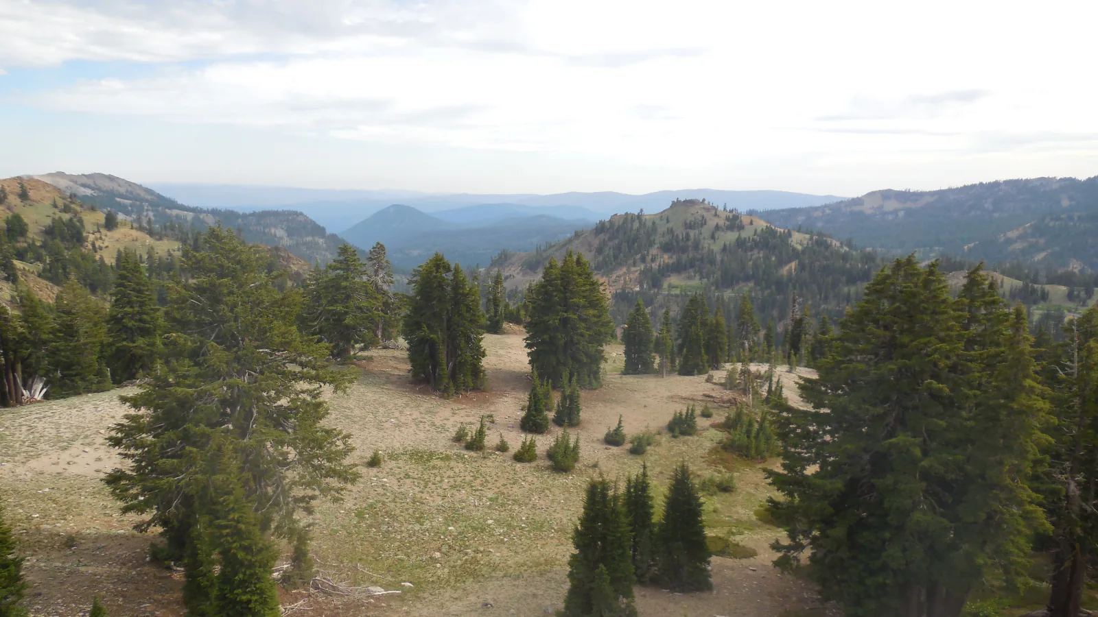 Volcanic peaks, conifer forest, and blue sky in Lassen Volcanic National Park