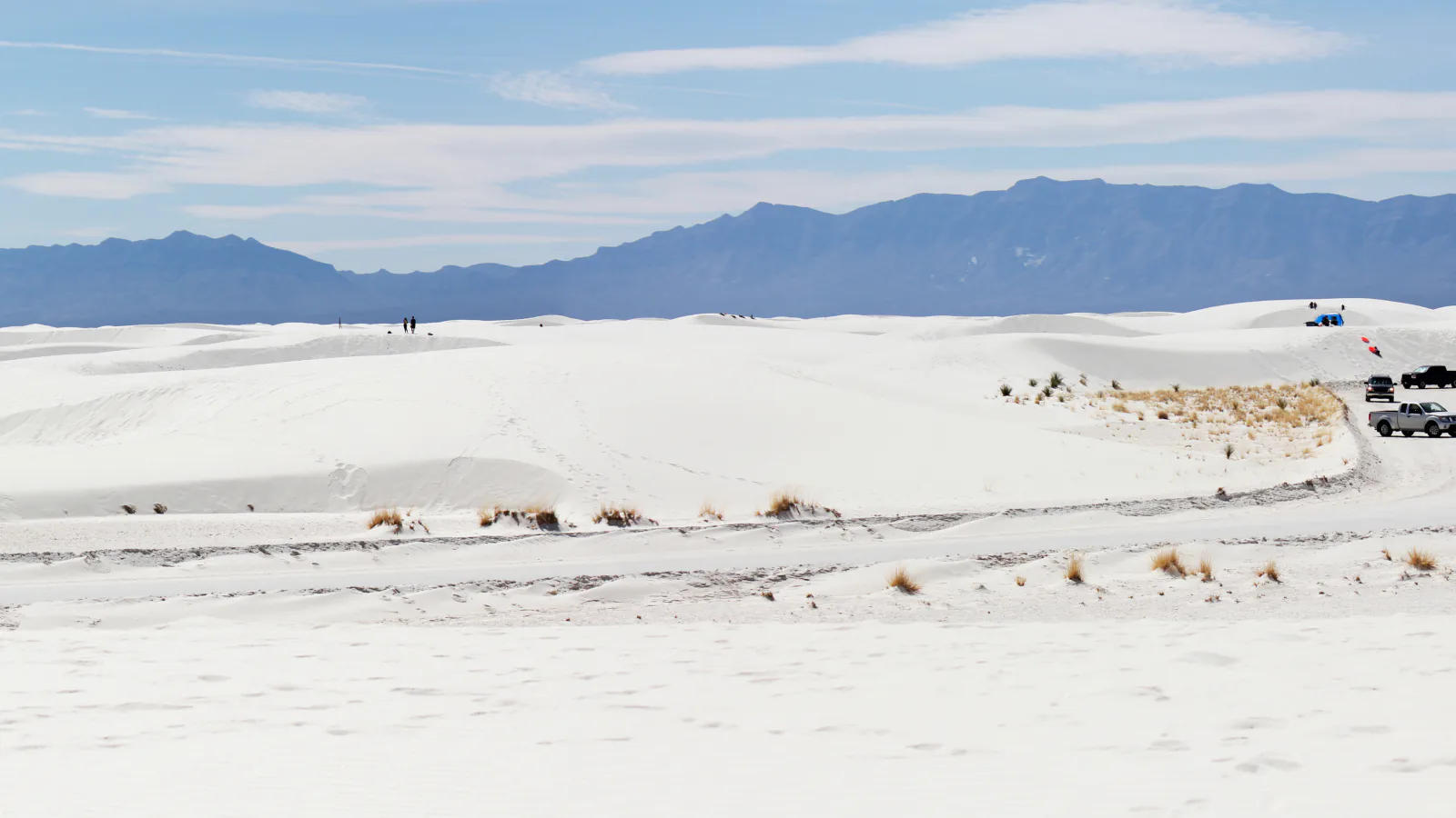 White gypsum dunes with the San Andres Mountains beyond in White Sands National Park