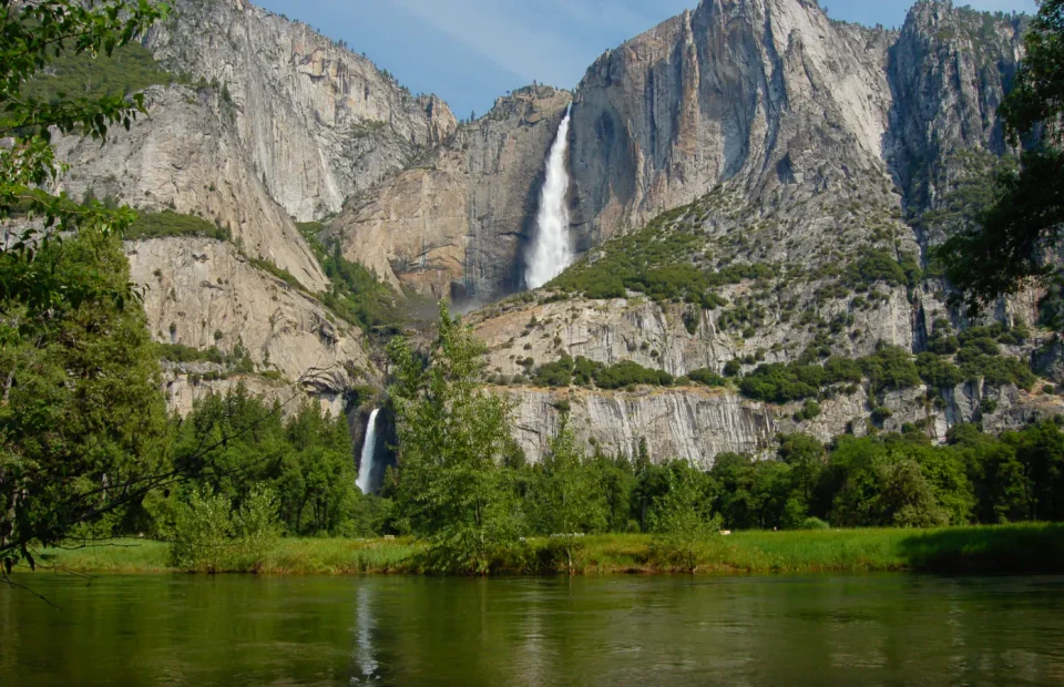 Upper and Lower Yosemite Falls above the Merced River in Yosemite Valley