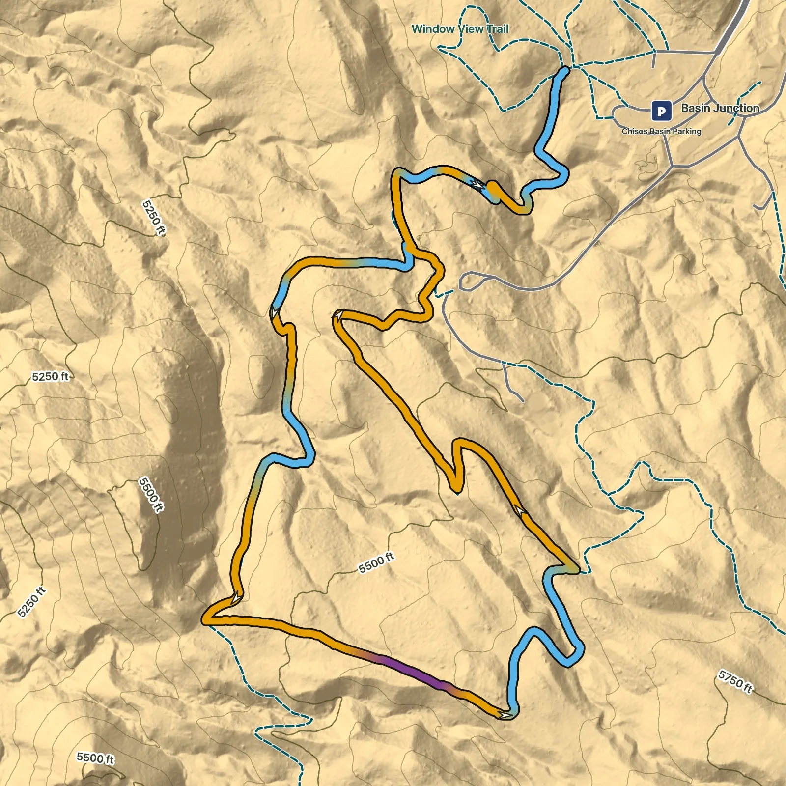 Terrain map of Basin Loop Trail in Big Bend National Park