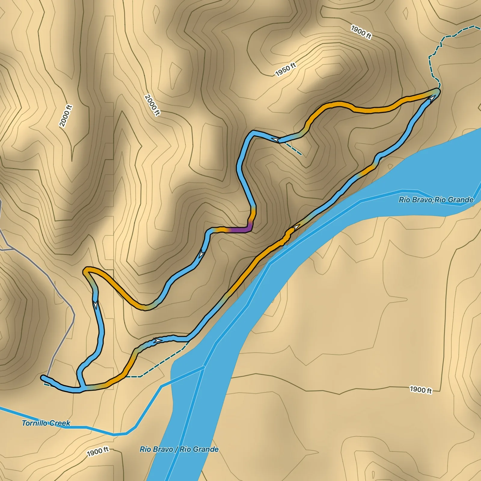 Terrain map of Hot Springs Historic Trail in Big Bend National Park