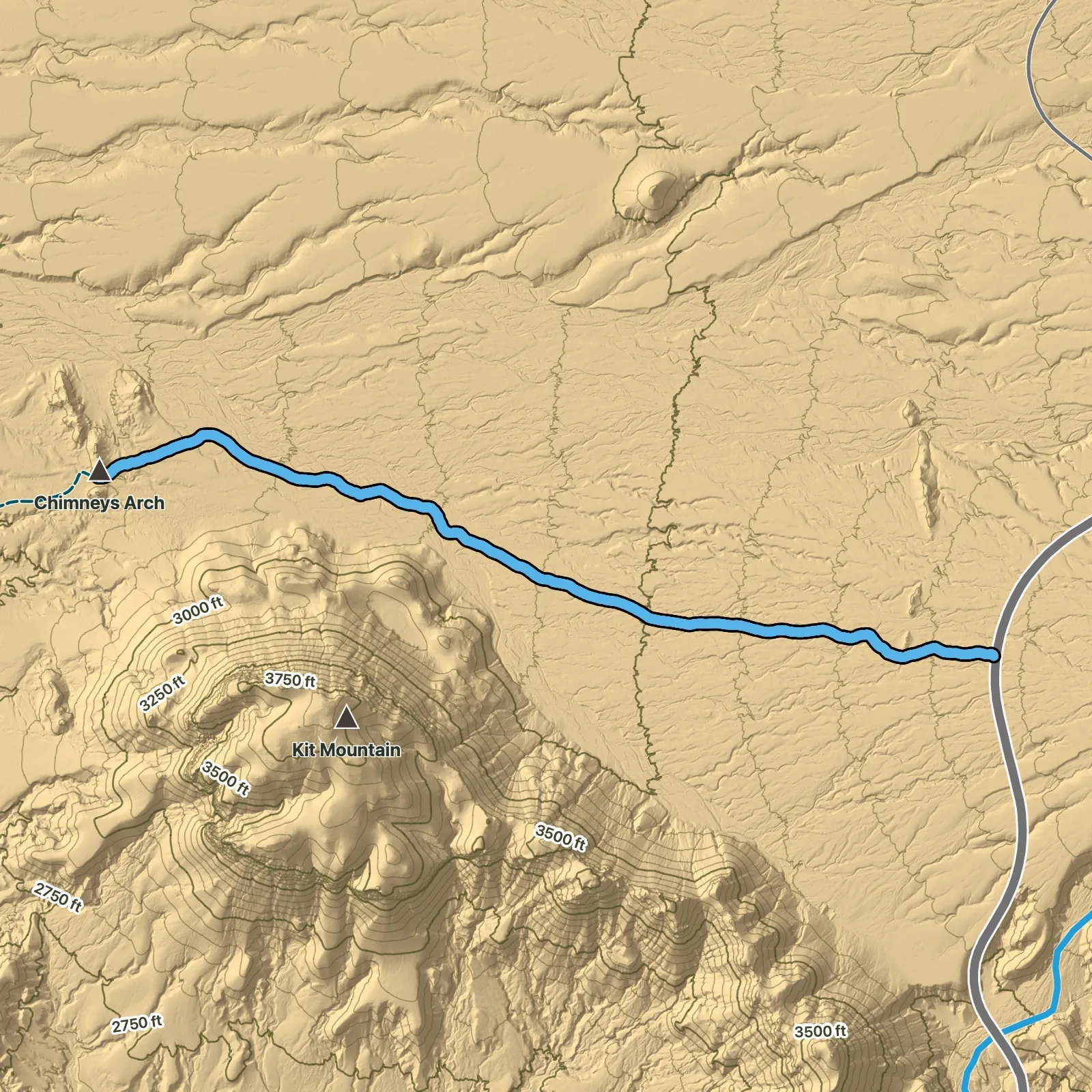 Terrain map of Chimneys Trail in Big Bend National Park
