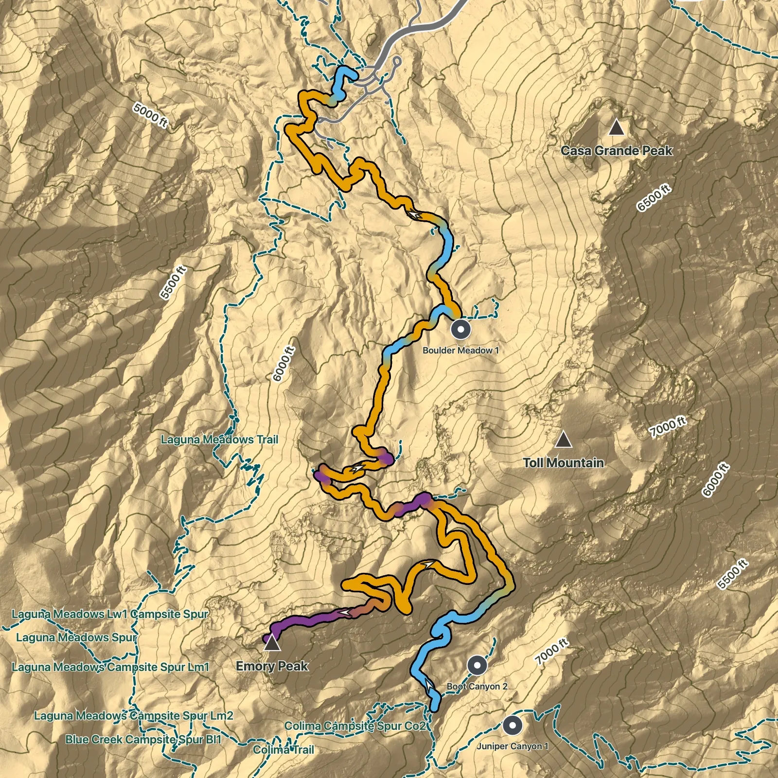 Terrain map of Emory Peak via Pinnacles and Laguna Meadow in Big Bend National Park