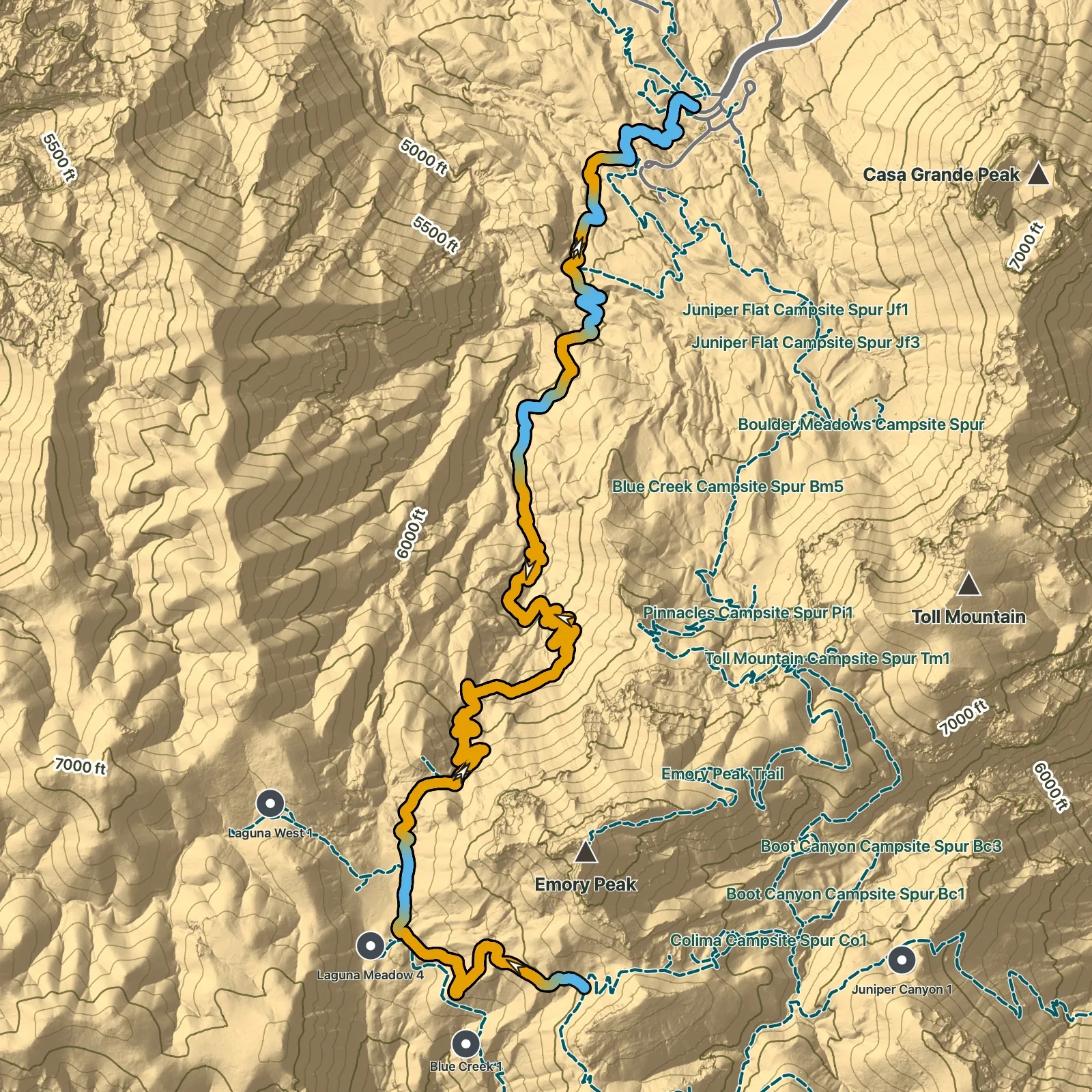 Terrain map of Laguna Meadow Trail in Big Bend National Park