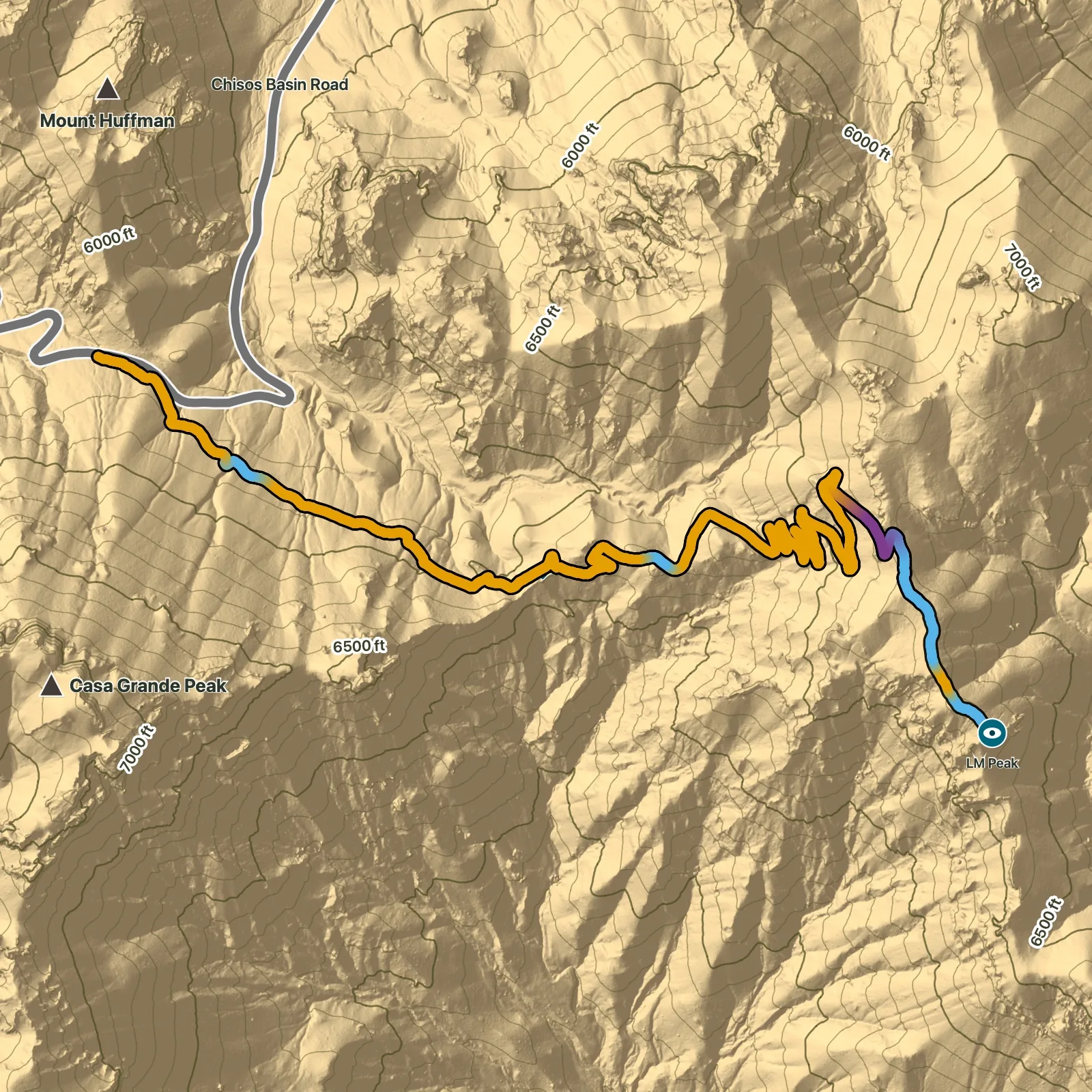 Terrain map of Lost Mine Trail in Big Bend National Park