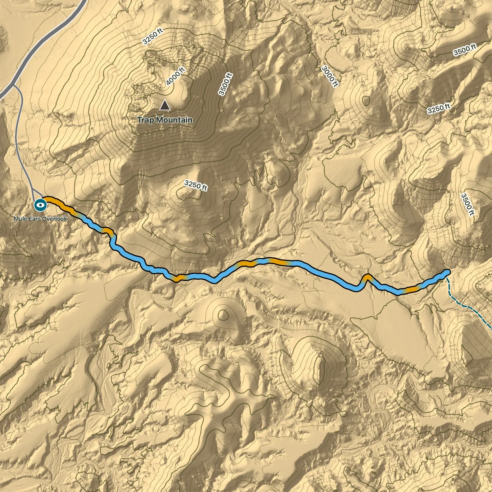 Terrain map of Mule Ears Spring Trail in Big Bend National Park