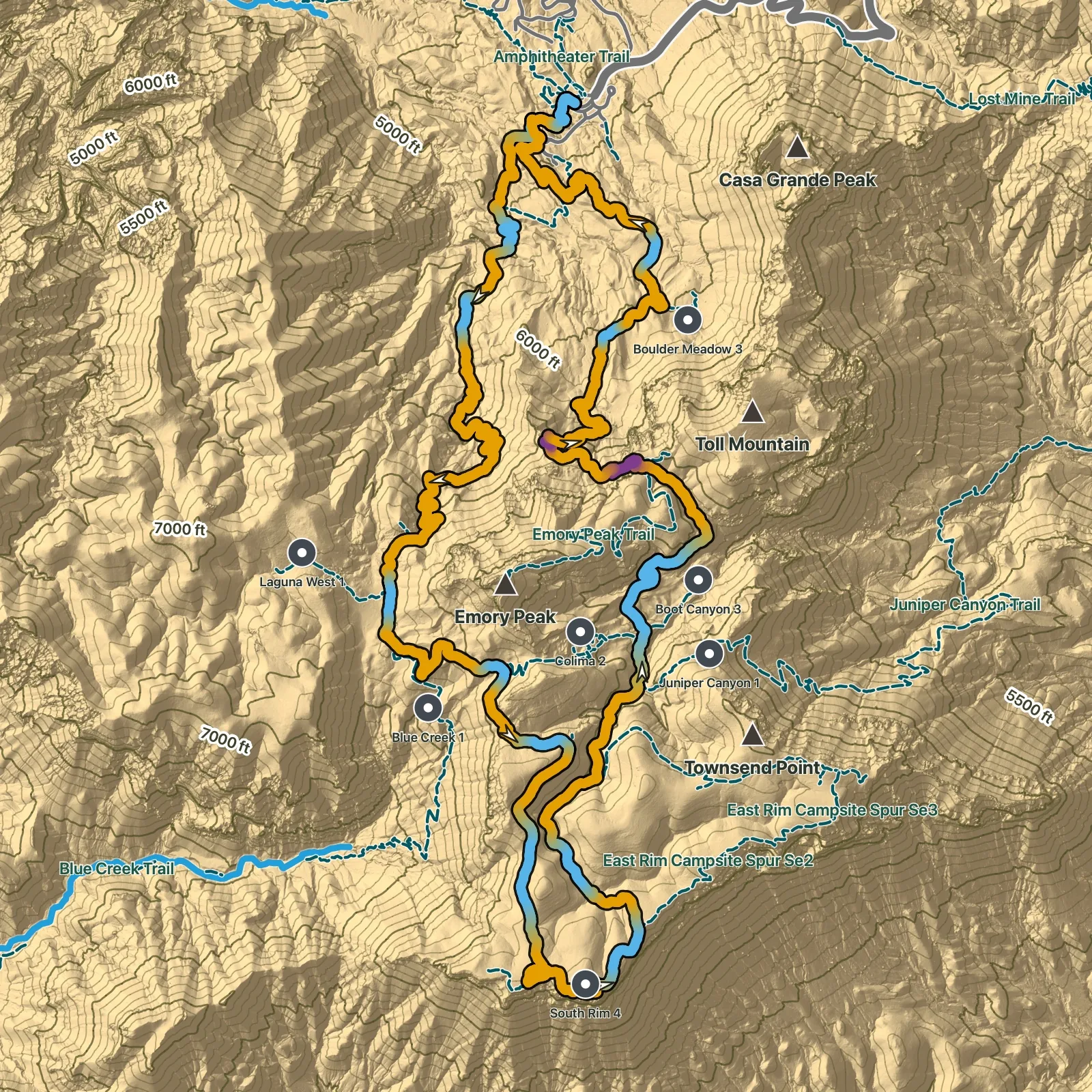 Terrain map of South Rim Trail Loop in Big Bend National Park