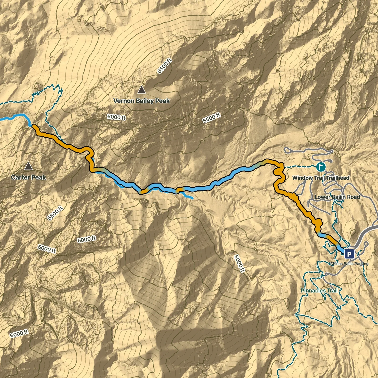 Terrain map of The Window Trail in Big Bend National Park