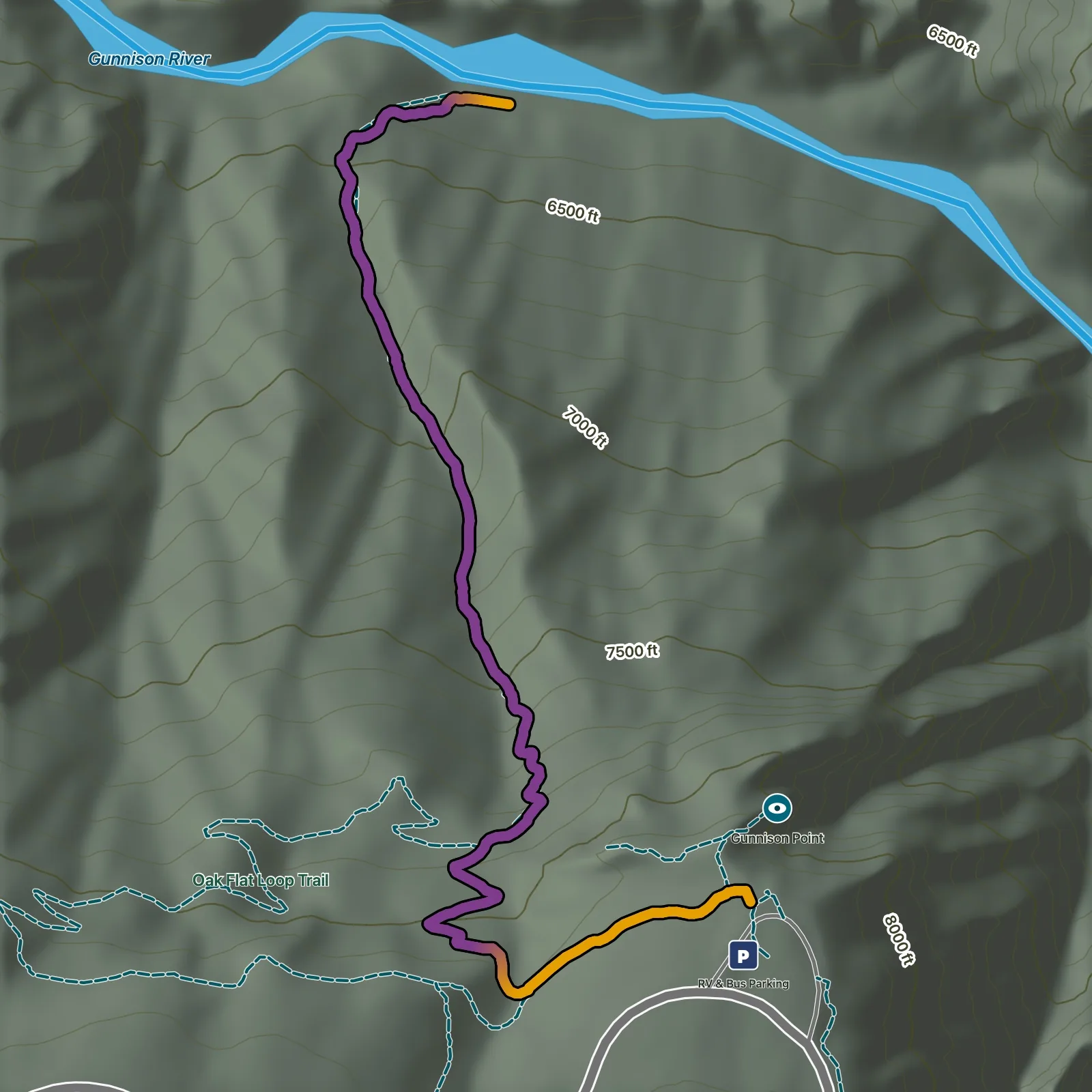 Terrain map of Gunnison Route in Black Canyon of the Gunnison National Park