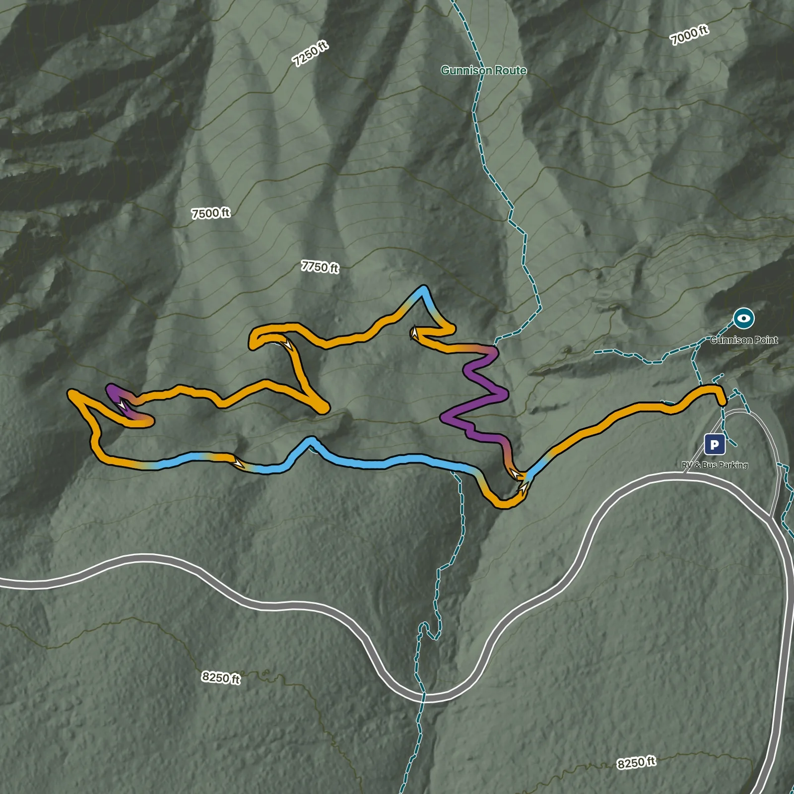Terrain map of Oak Flat Loop Trail in Black Canyon of the Gunnison National Park