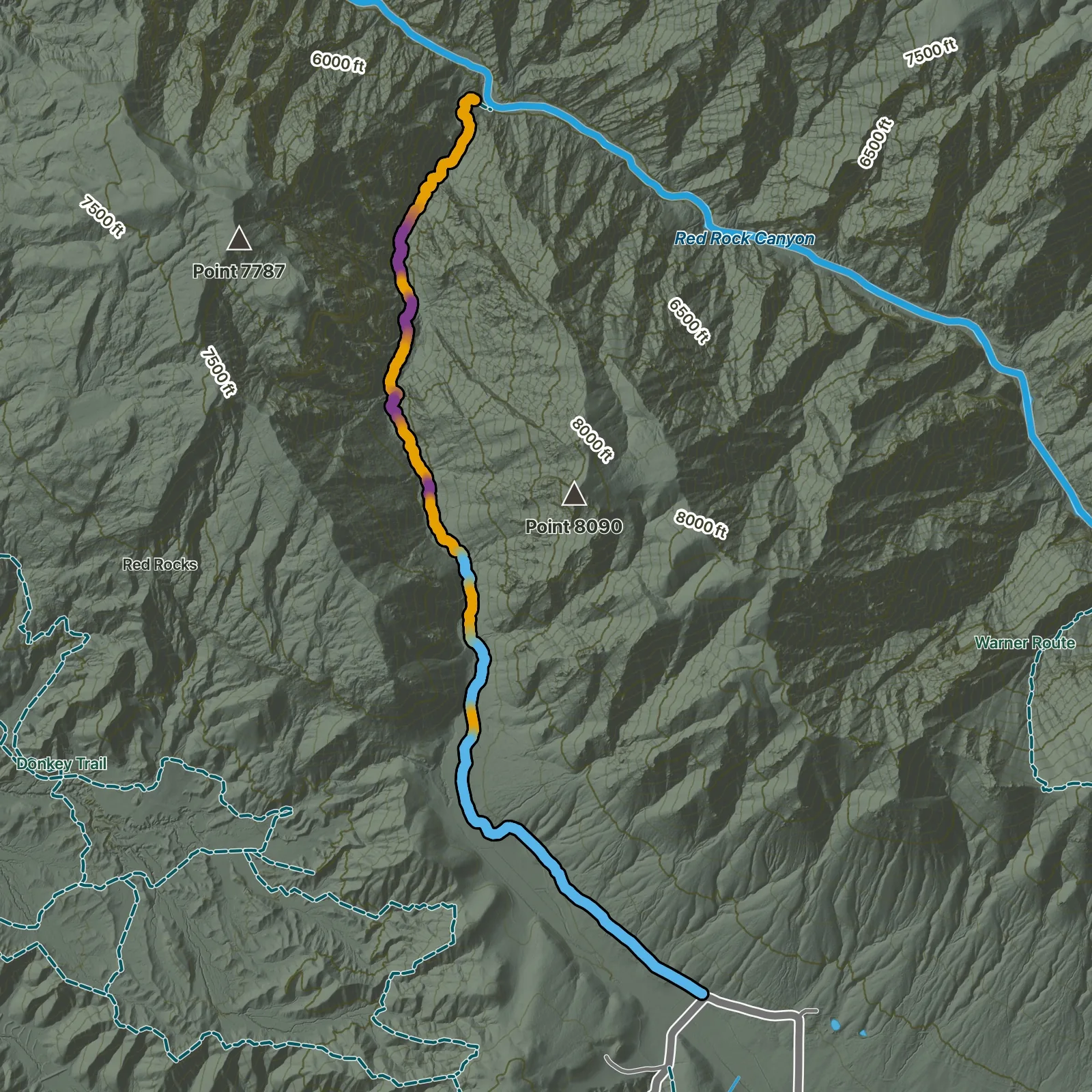 Terrain map of Red Rock Canyon Route in Black Canyon of the Gunnison National Park