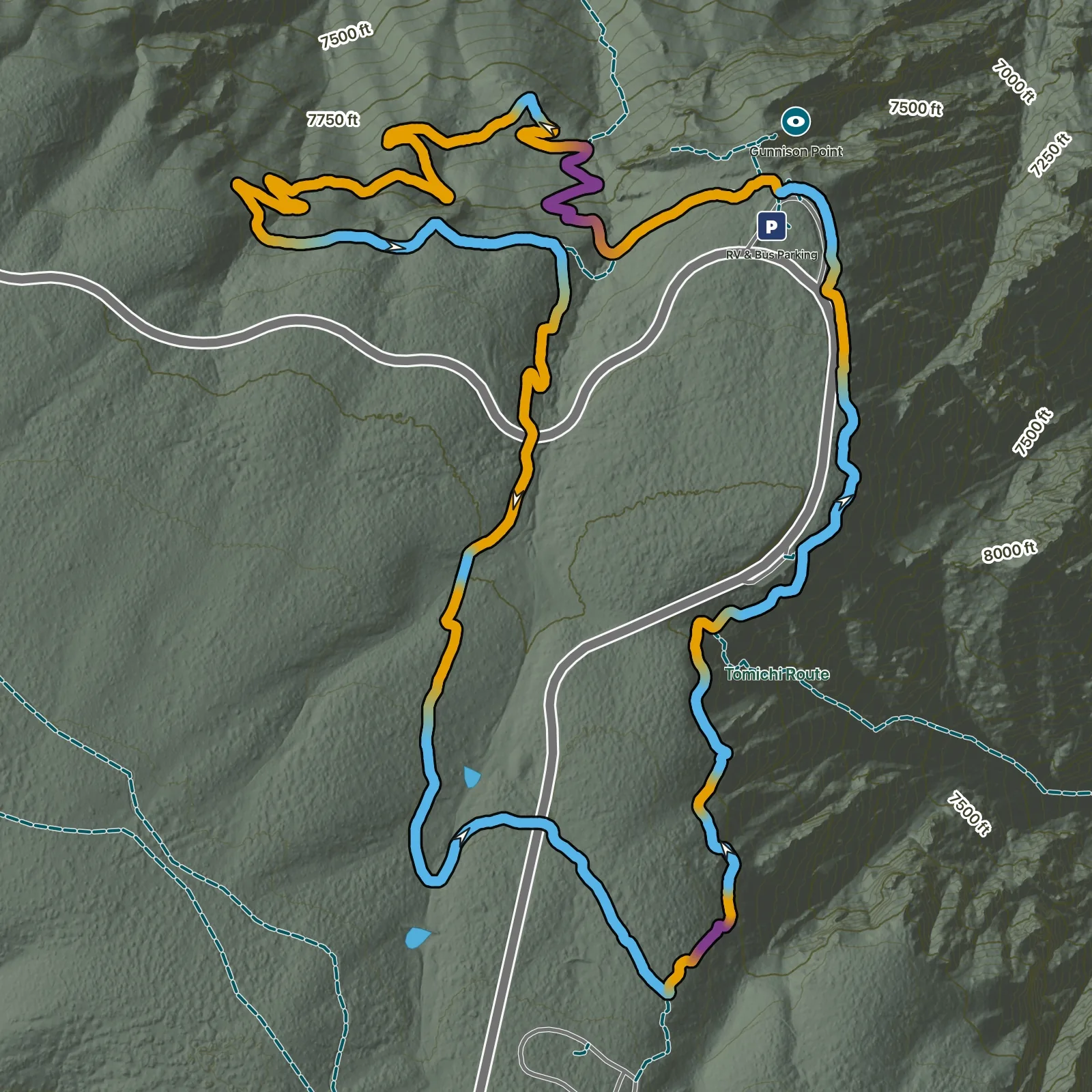 Terrain map of Uplands and Rim Rock Loop in Black Canyon of the Gunnison National Park