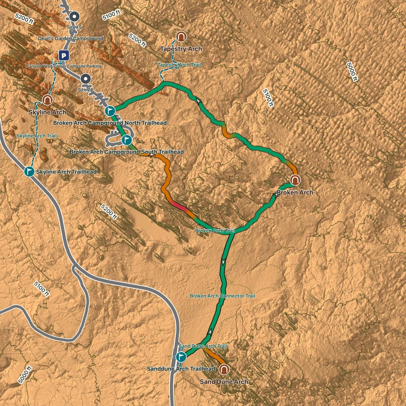 Terrain map of Broken Arch Loop via Devils Garden Campground in Arches National Park