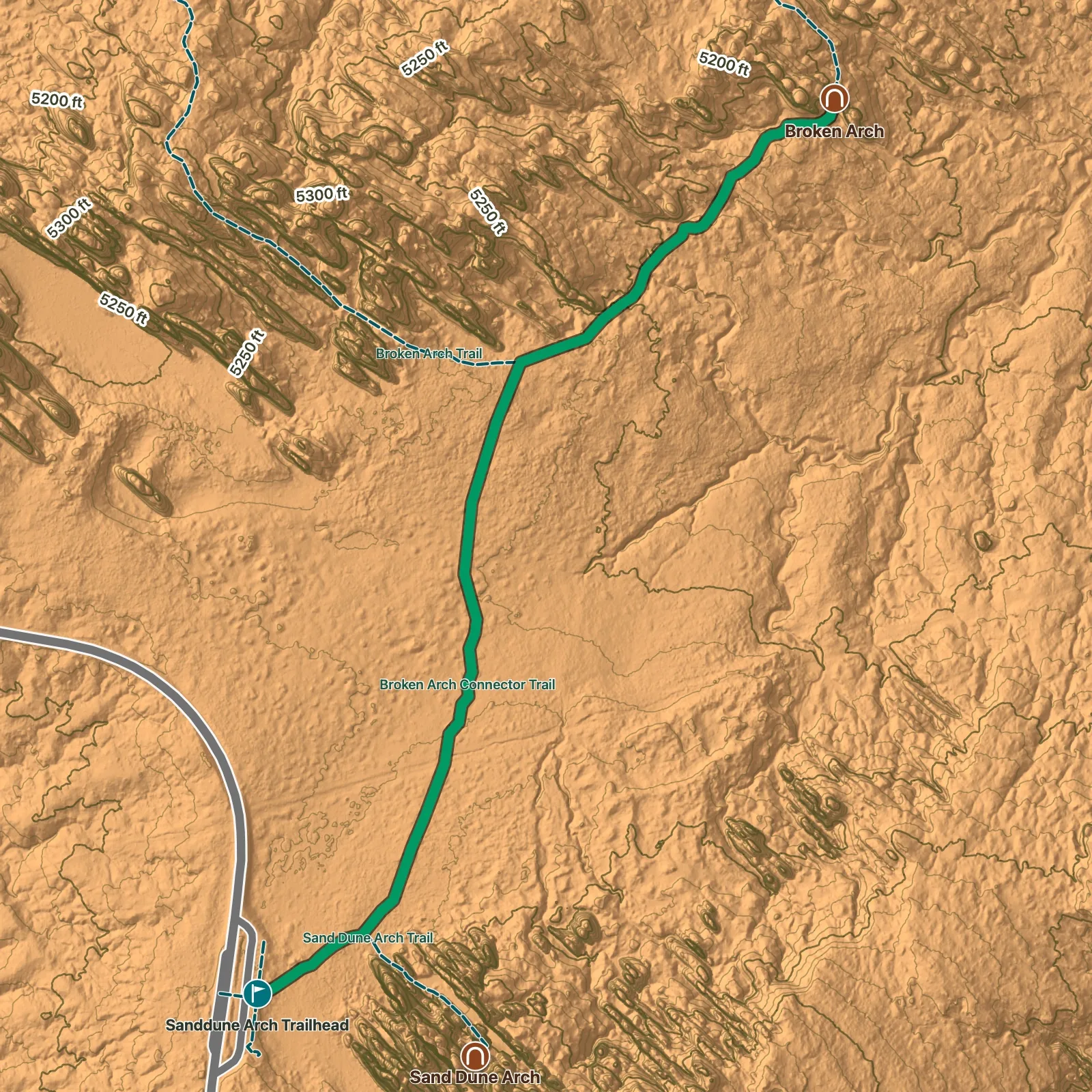 Terrain map of Broken Arch Out-and-Back in Arches National Park