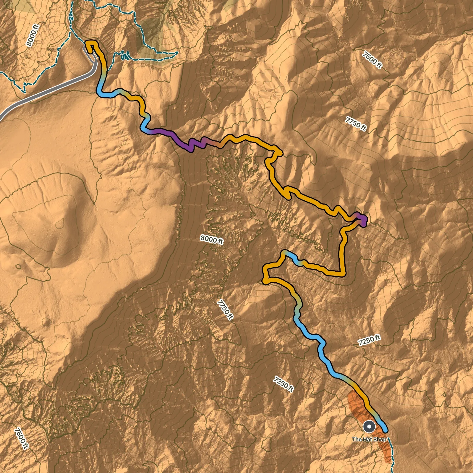 Terrain map of Hat Shop via Under-the-Rim Trail in Bryce Canyon National Park