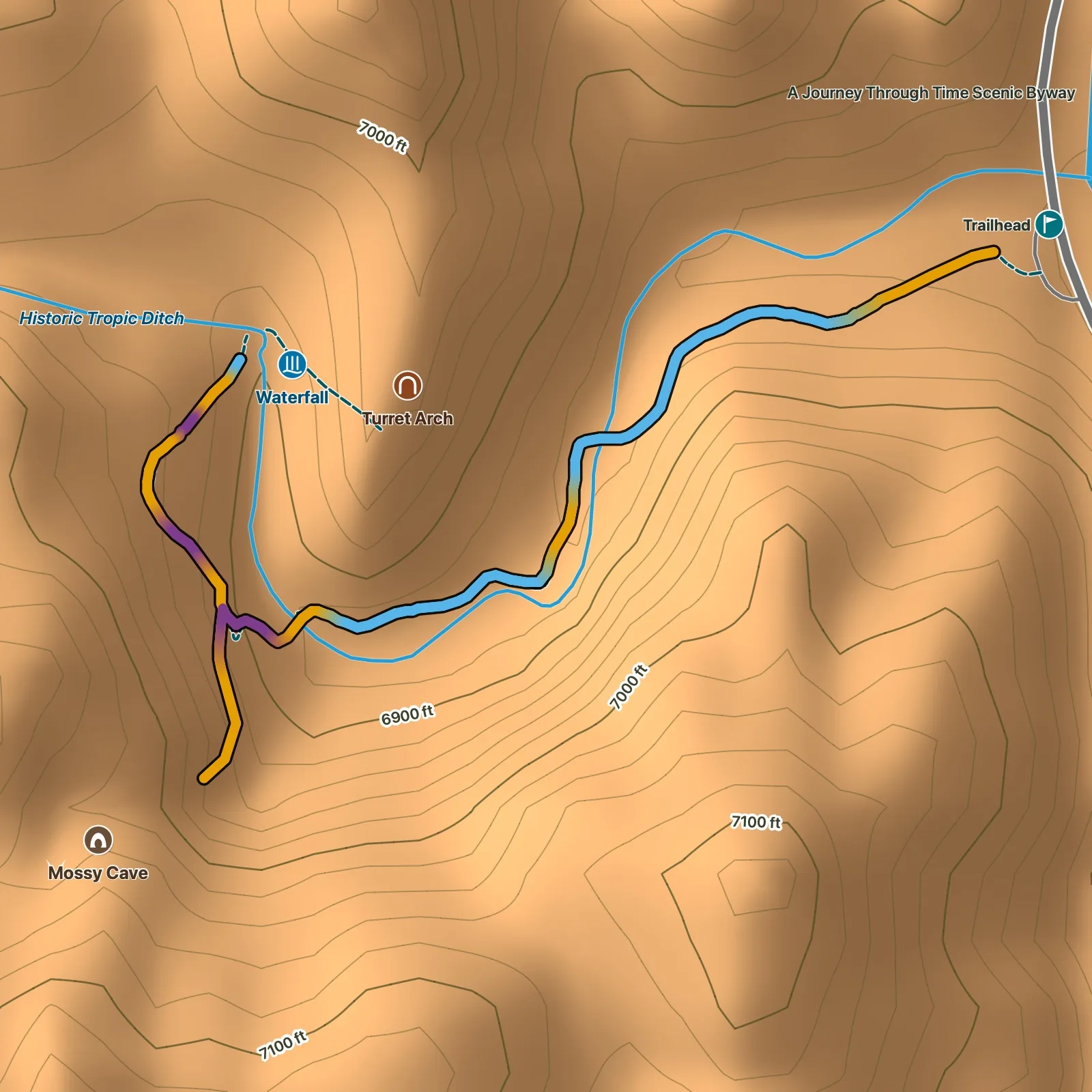 Terrain map of Mossy Cave, Turret Arch, and Little Windows in Bryce Canyon National Park