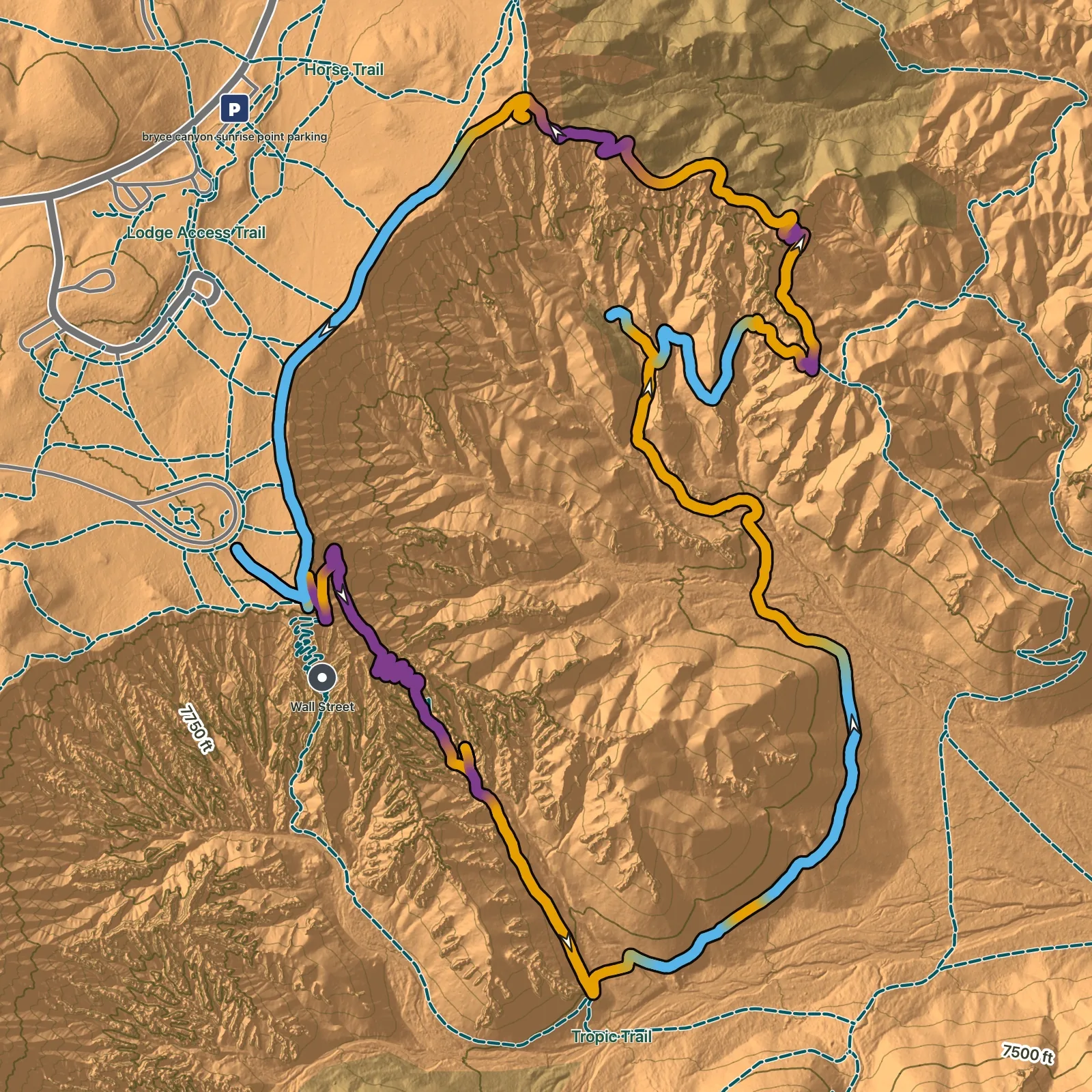 Terrain map of Queen's Garden and Navajo Combination in Bryce Canyon National Park