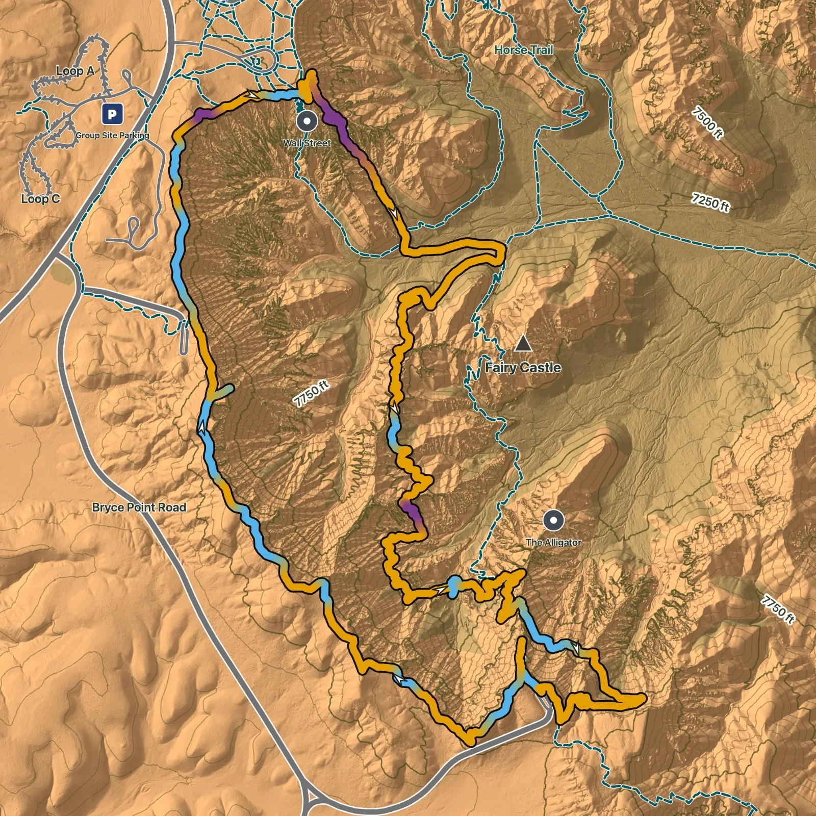 Terrain map of Bryce Amphitheater Figure 8 in Bryce Canyon National Park