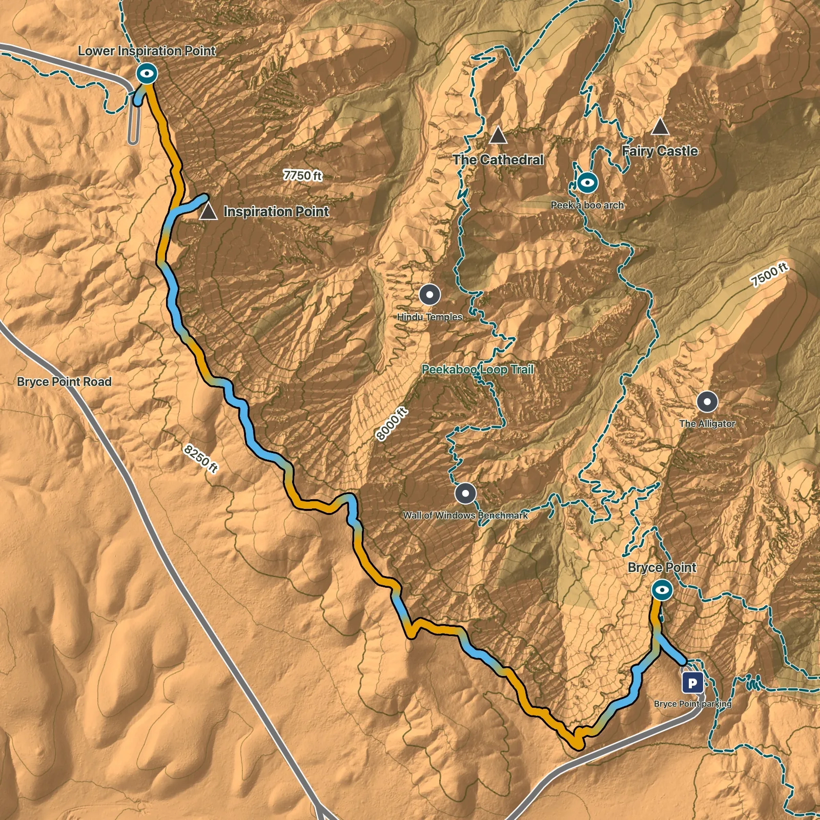 Terrain map of Bryce Point to Inspiration Point Rim Walk in Bryce Canyon National Park
