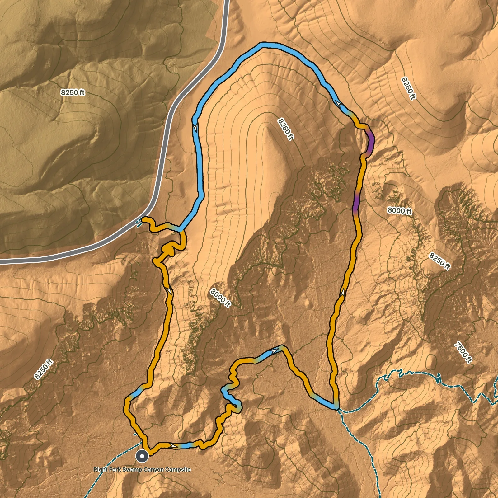 Terrain map of Sheep Creek and Swamp Canyon Loop in Bryce Canyon National Park