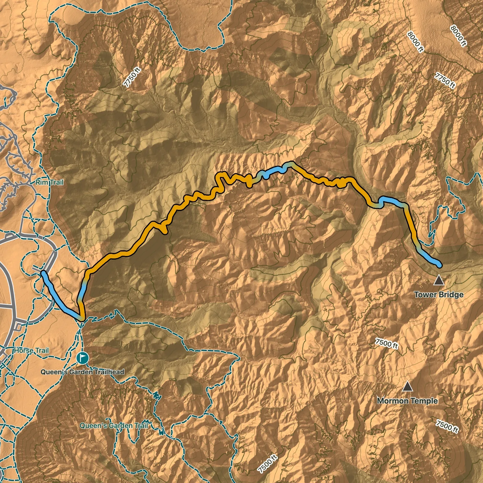 Terrain map of Tower Bridge Trail in Bryce Canyon National Park
