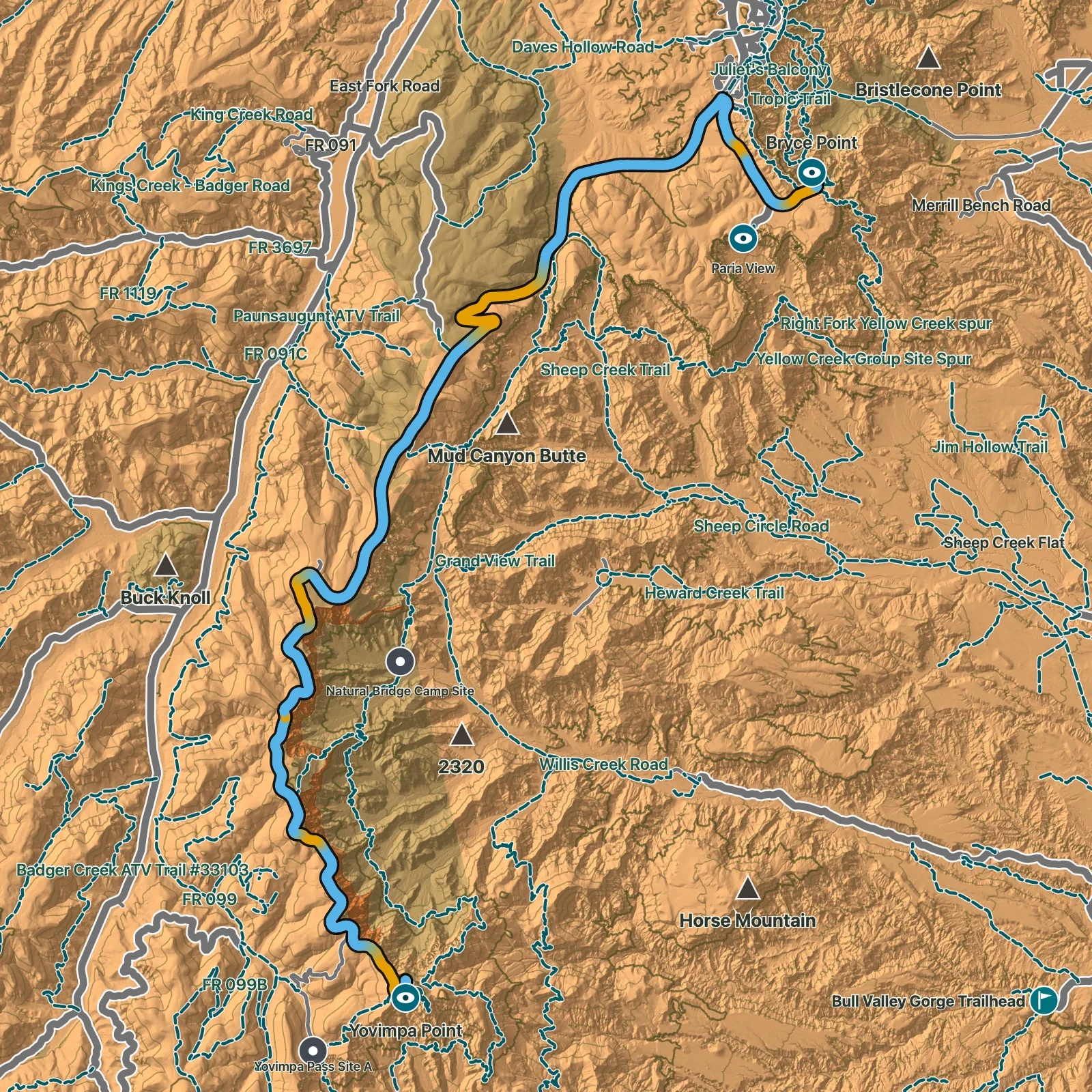 Terrain map of Yovimpa Point to Bryce Point Rim Traverse in Bryce Canyon National Park