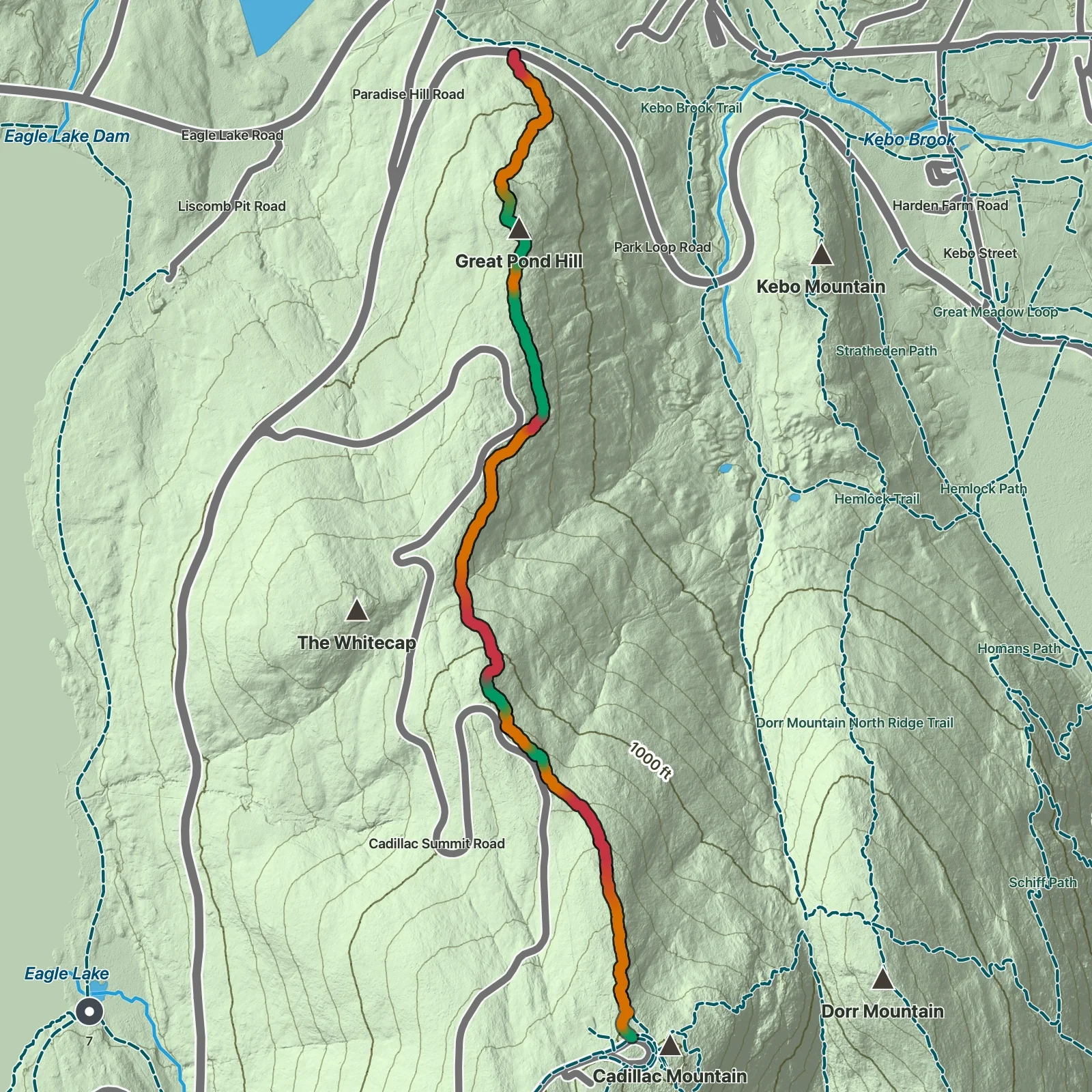 Terrain map showing the Cadillac North Ridge Trail route in Acadia National Park
