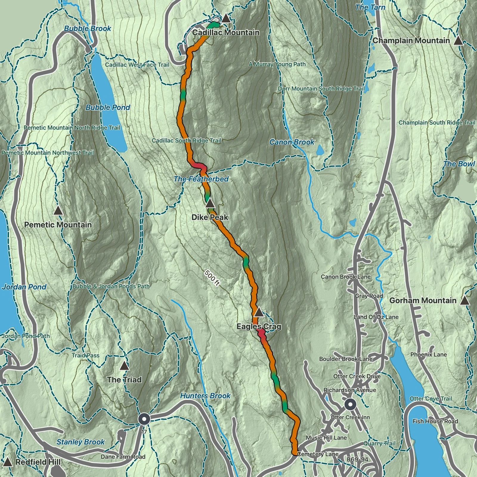 Terrain map showing the Cadillac South Ridge Trail route in Acadia National Park