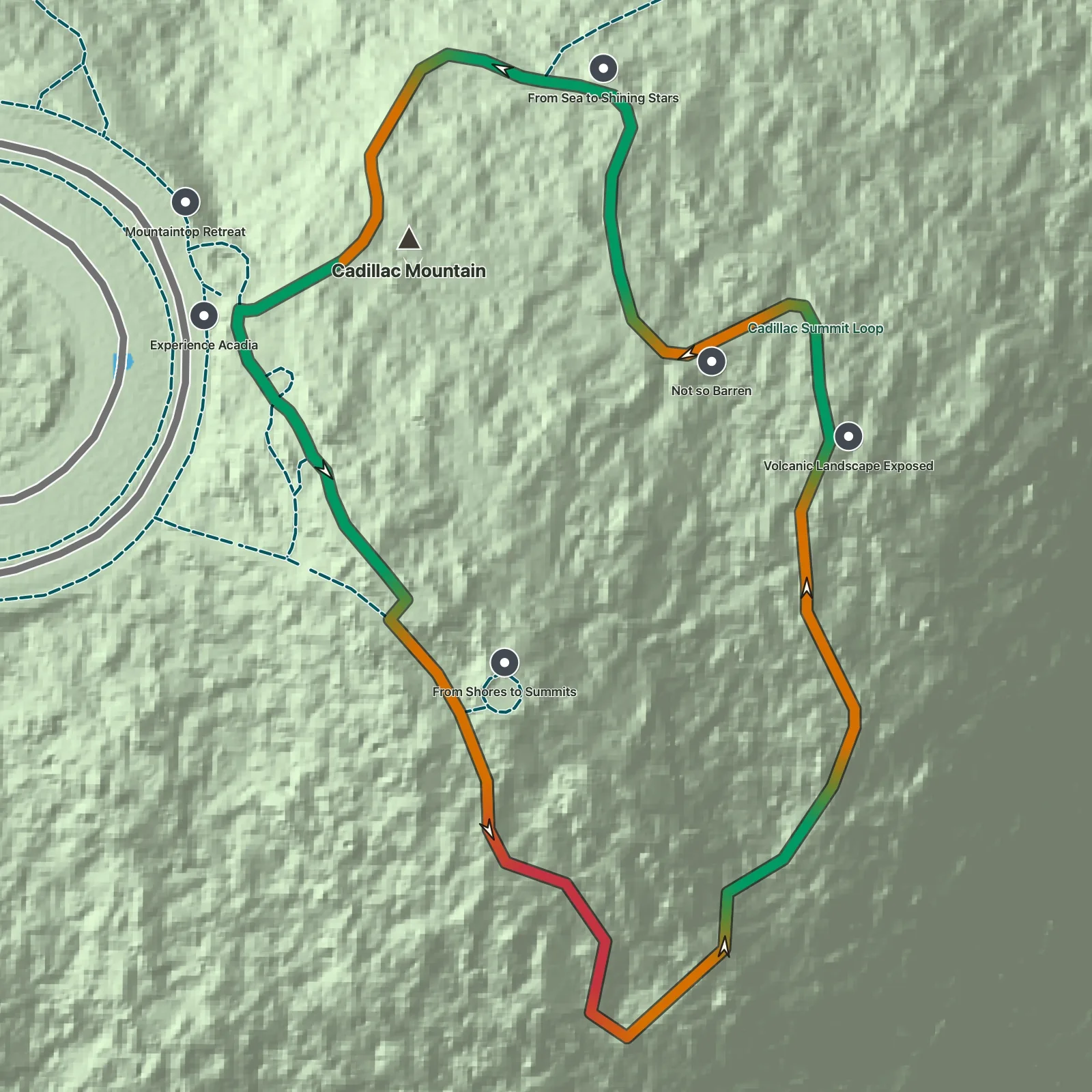 Terrain map showing the Cadillac Summit Loop Trail route in Acadia National Park