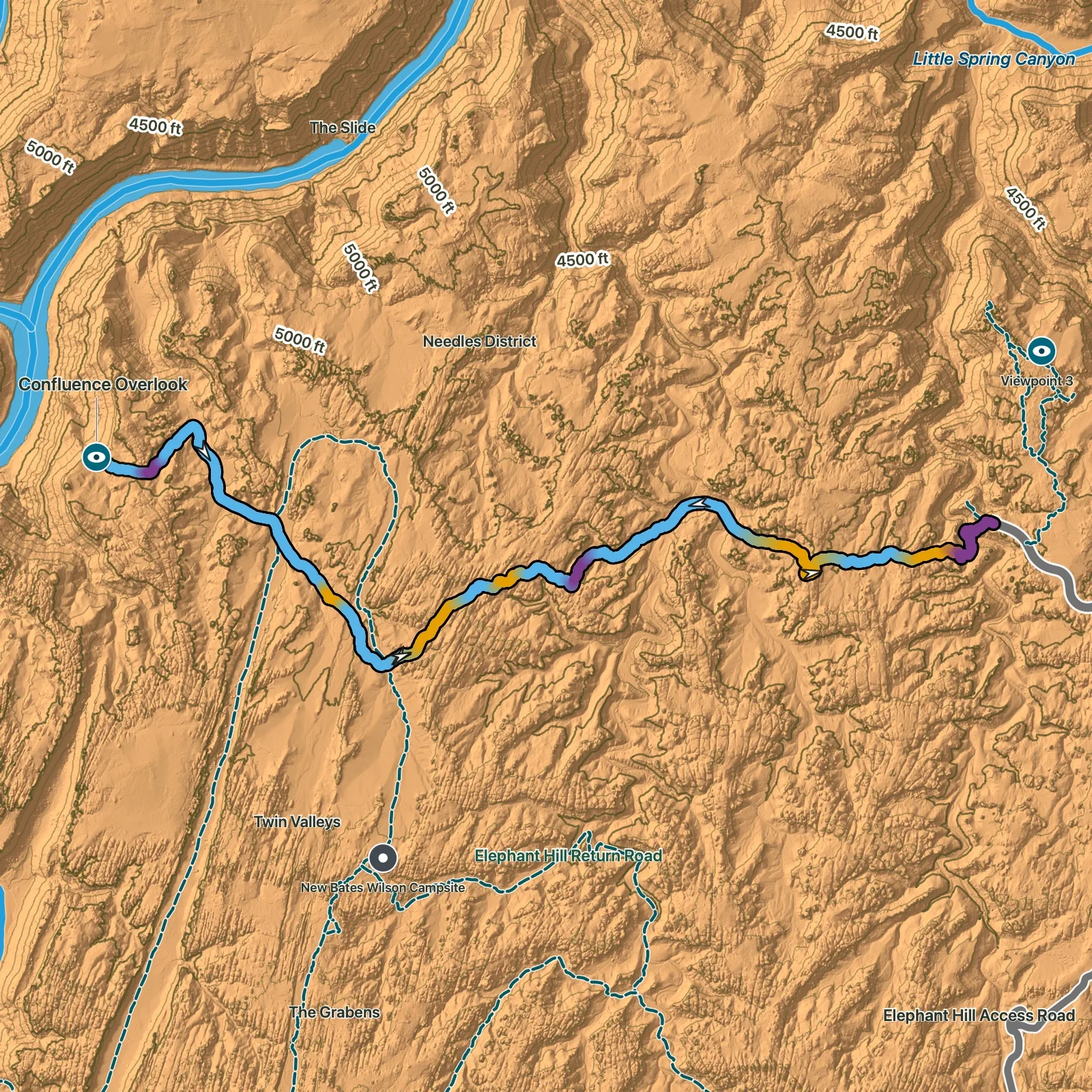Terrain map of Confluence Overlook Trail in Canyonlands National Park