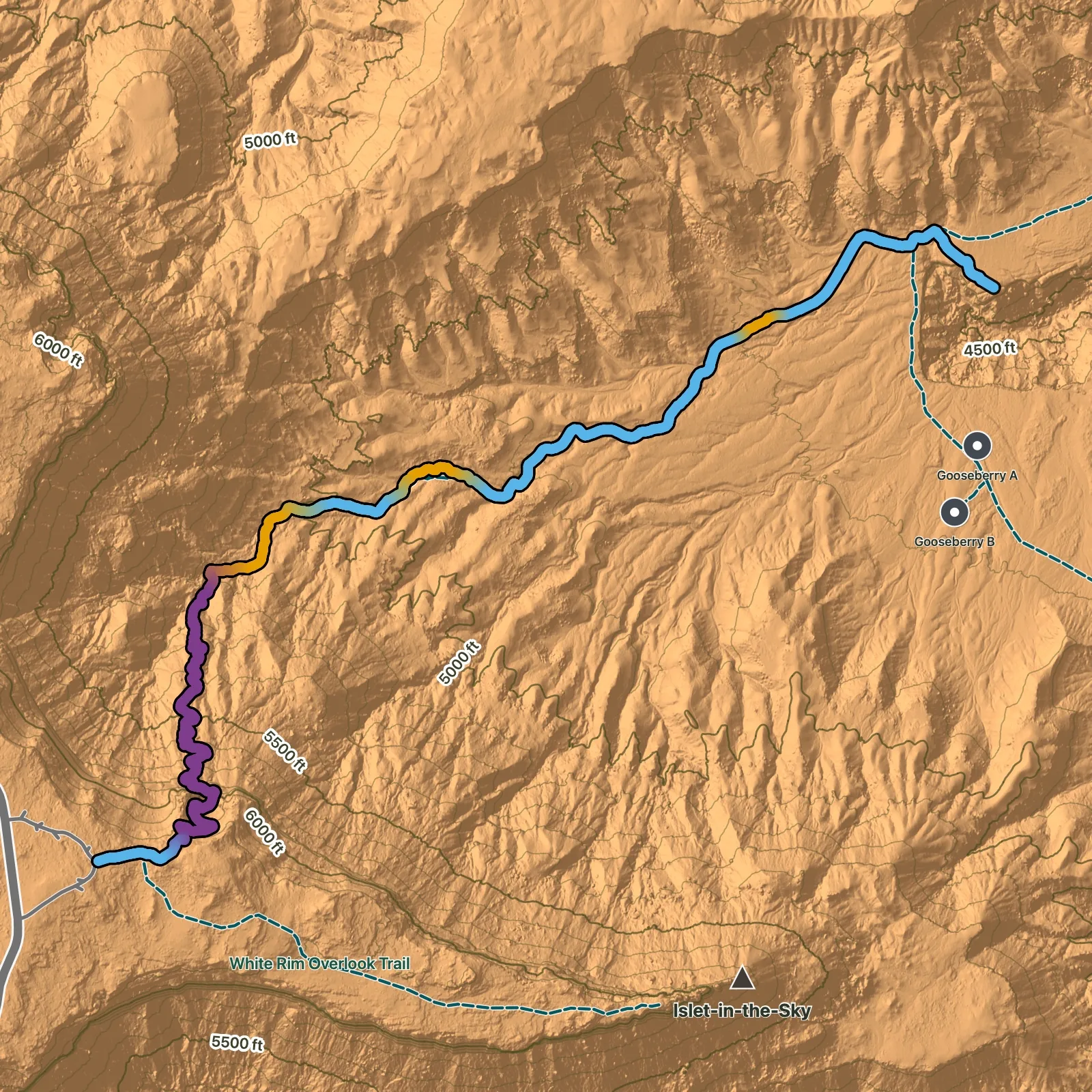Terrain map of Gooseberry Canyon Trail in Canyonlands National Park