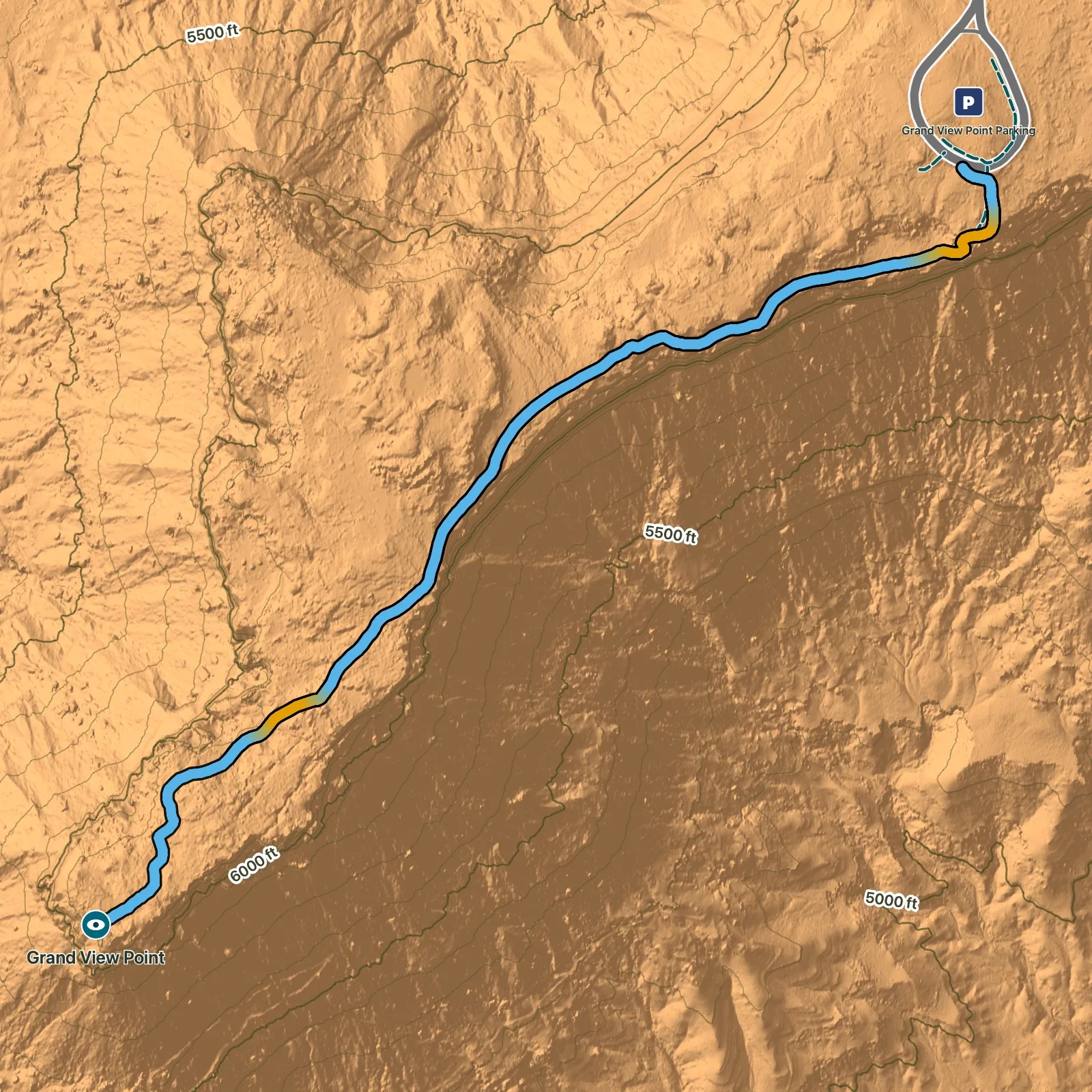 Terrain map of Grand View Point Trail in Canyonlands National Park