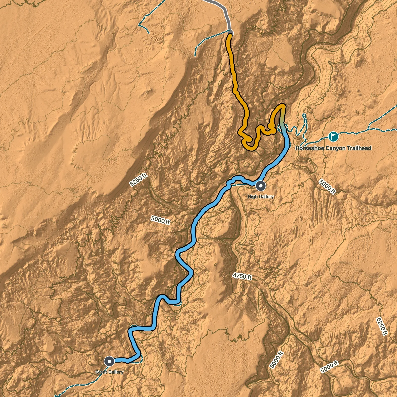 Terrain map of Horseshoe Canyon to the Great Gallery in Canyonlands National Park