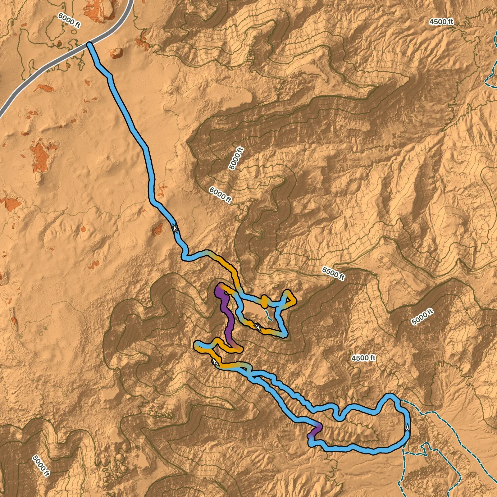 Terrain map of Lathrop Trail to White Rim Road in Canyonlands National Park