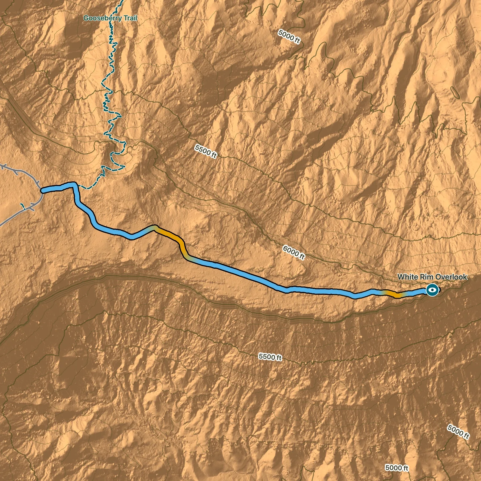 Terrain map of White Rim Overlook Trail in Canyonlands National Park