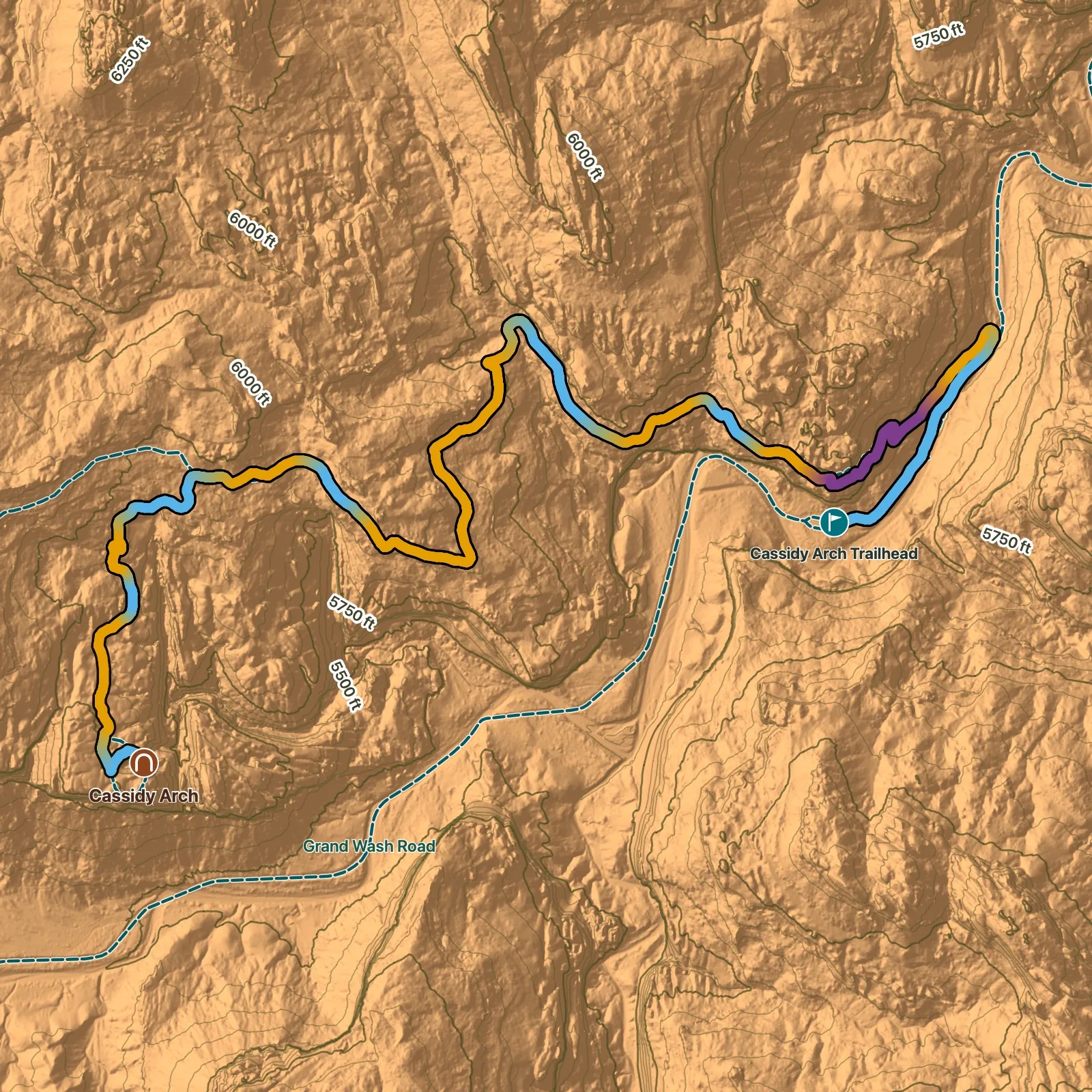 Terrain map of Cassidy Arch Trail in Capitol Reef National Park