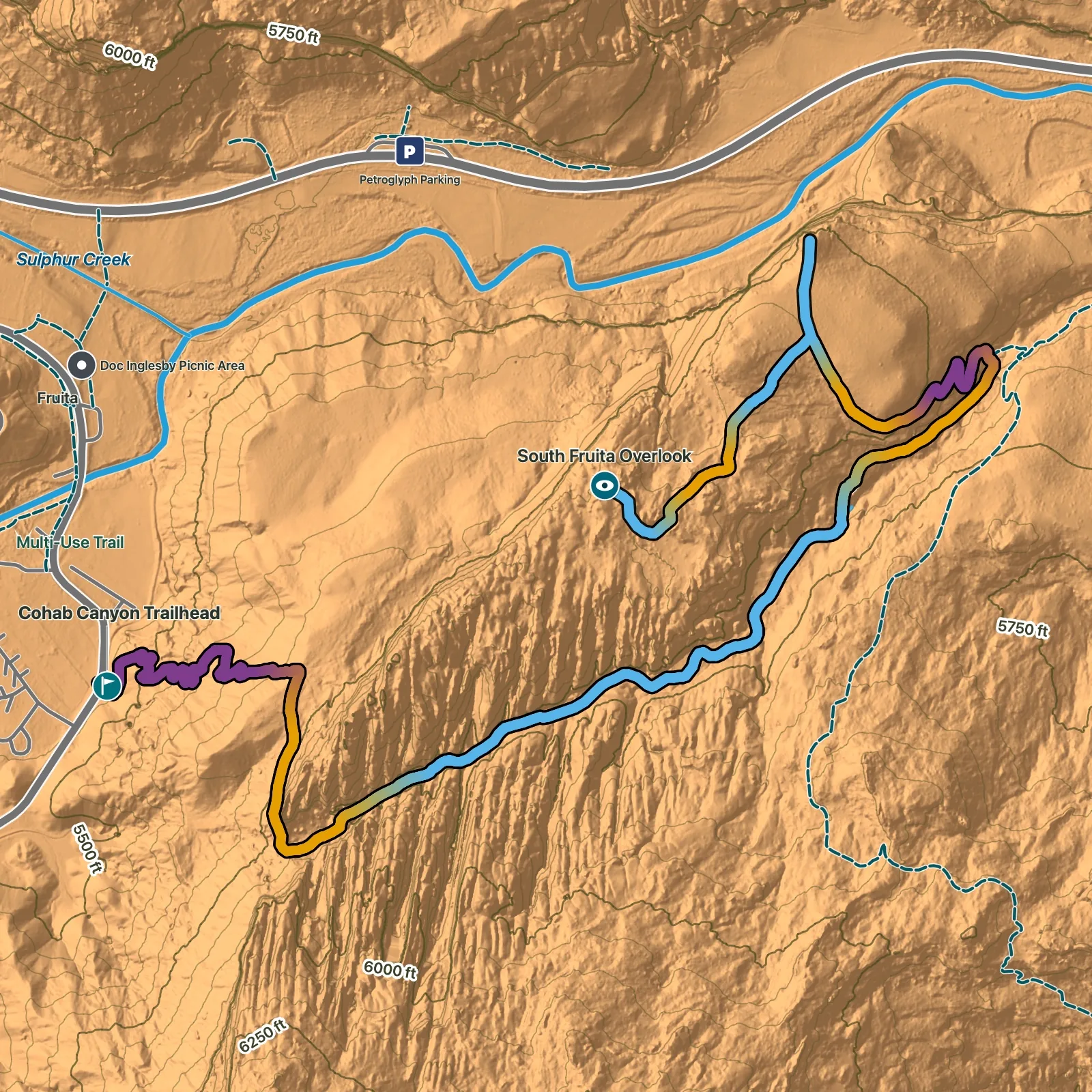 Terrain map of Cohab Canyon to South Fruita Overlook in Capitol Reef National Park