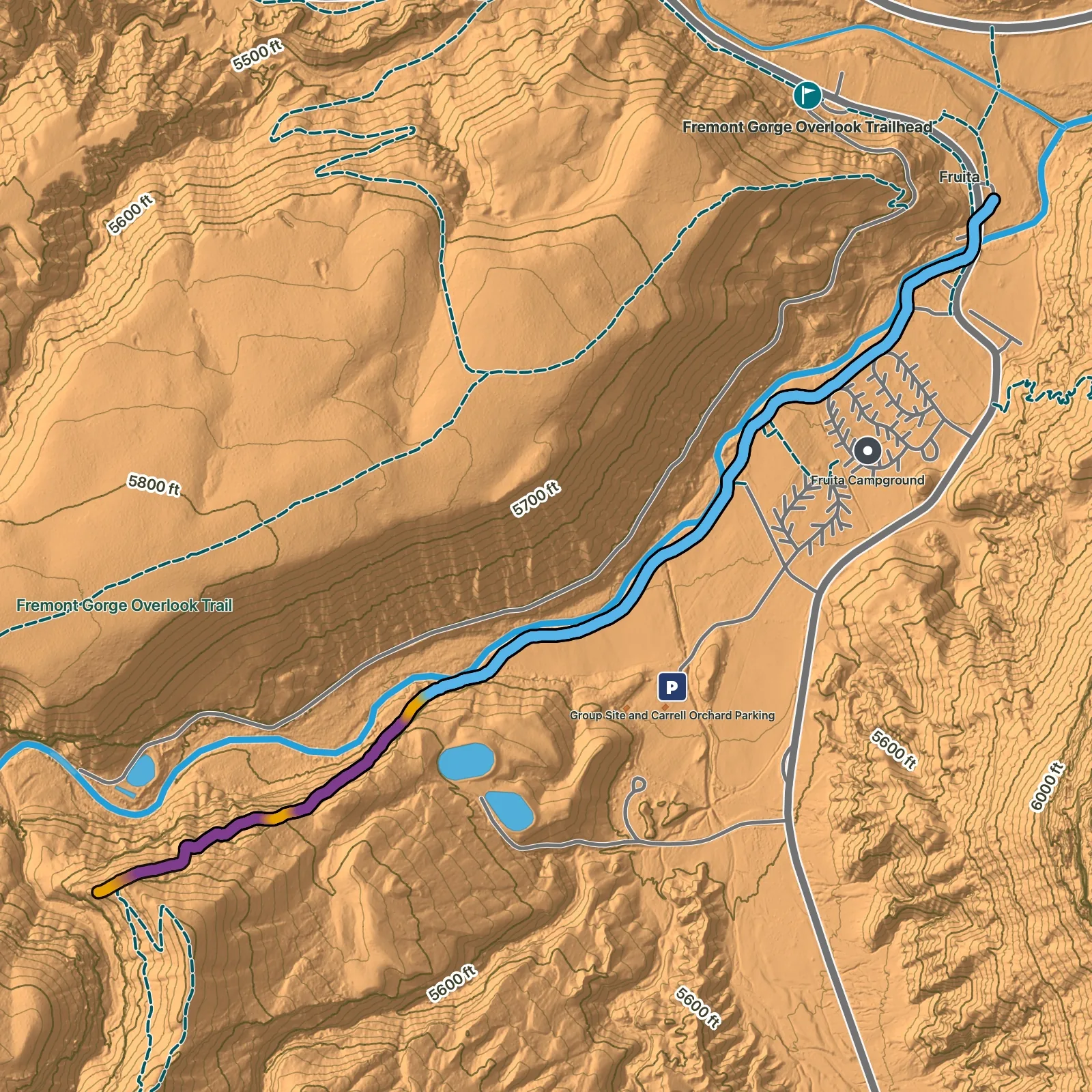 Terrain map of Fremont River Trail in Capitol Reef National Park
