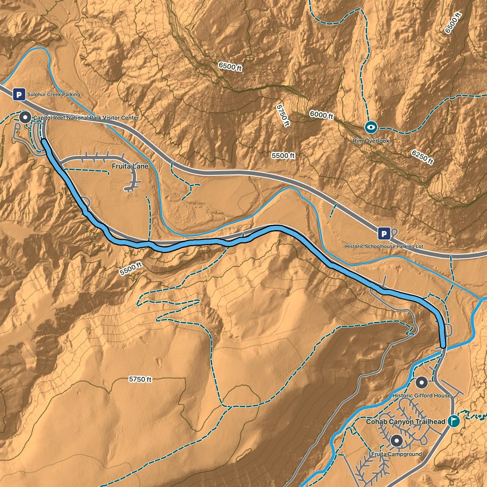 Terrain map of Fruita Trail in Capitol Reef National Park
